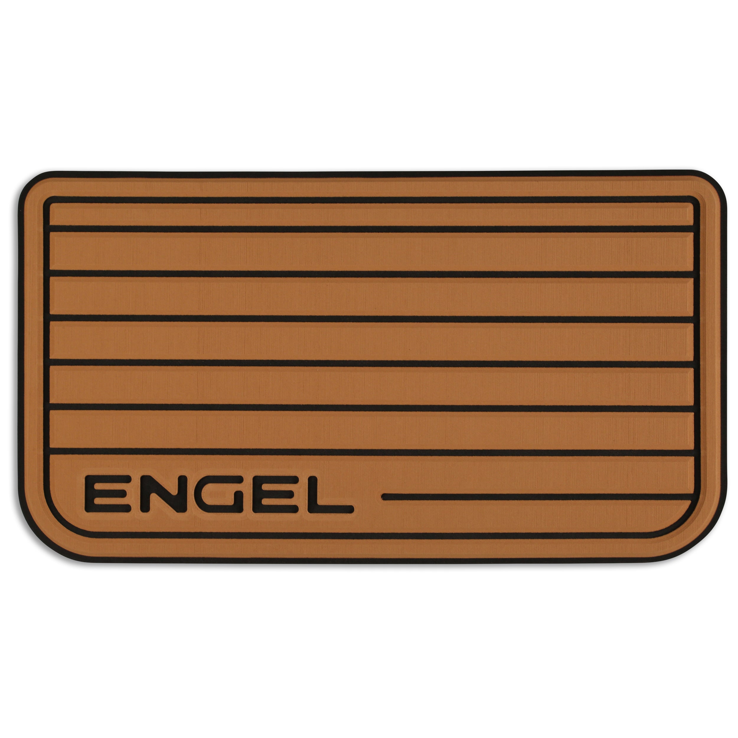 A brown Engel Coolers SeaDek® Tan Teak Pattern Non-Slip Marine Cooler Topper with the word engel on it.