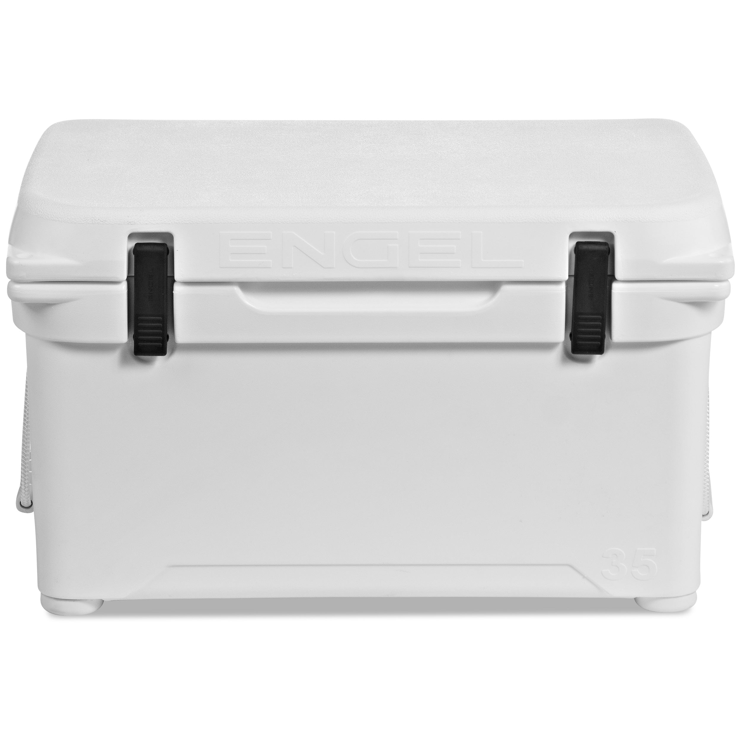 A durable, white Engel 35 High Performance Hard Cooler and Ice Box from Engel Coolers on a white background.