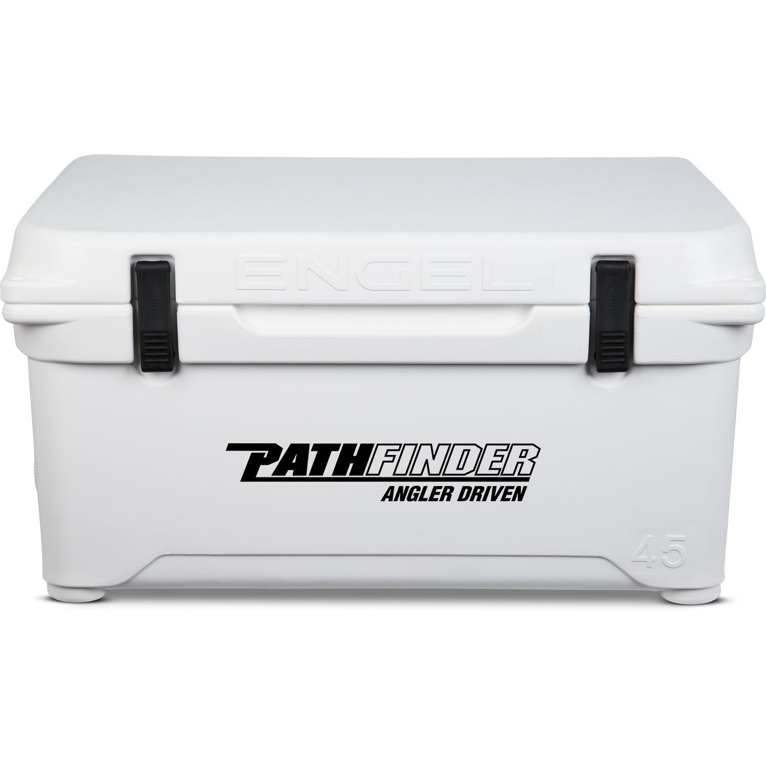 A durable, roto-molded white Engel 45 High Performance Hard Cooler and Ice Box with the word "Pathfinder" on it.