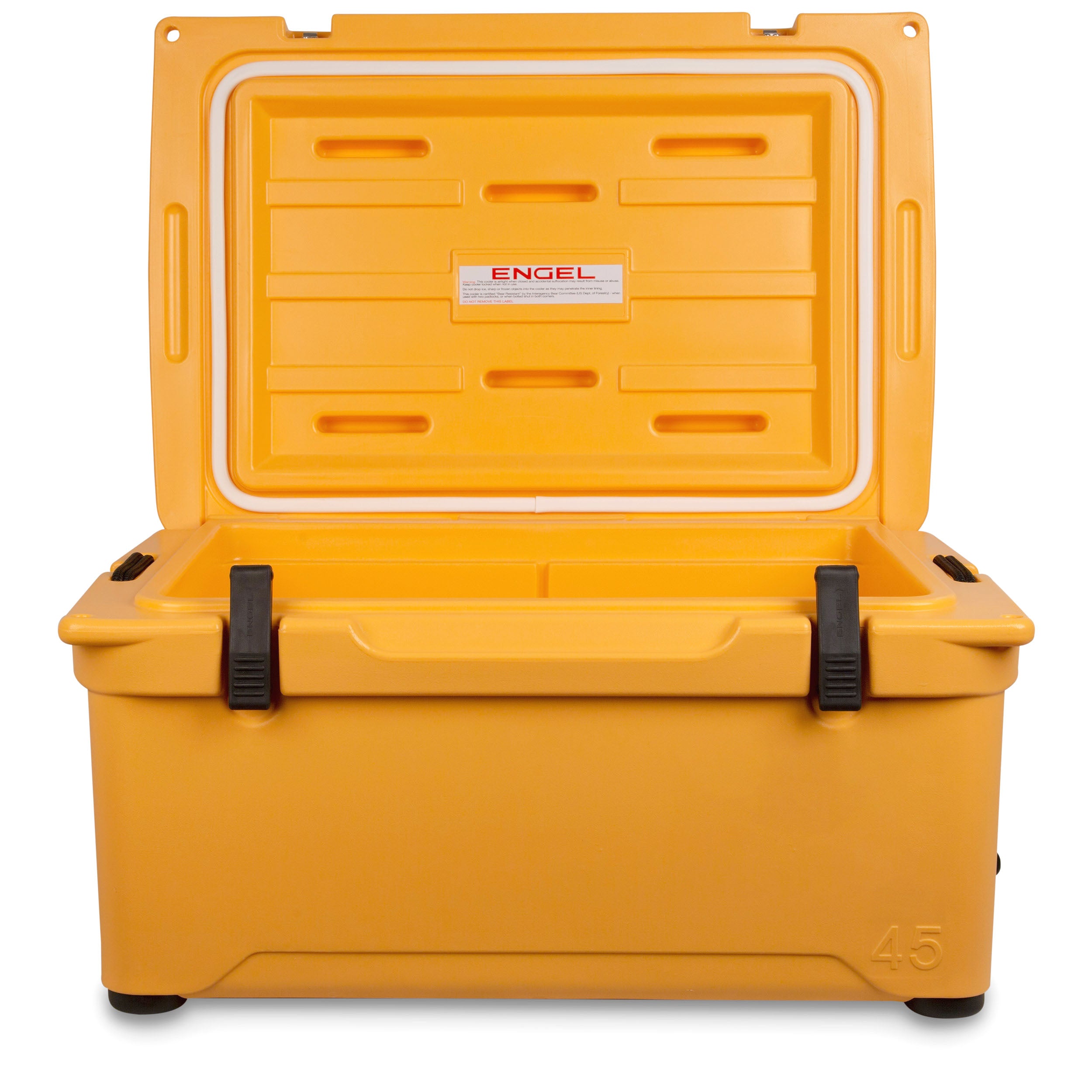 A yellow Engel 45 High Performance Hard Cooler and Ice Box on a white background.