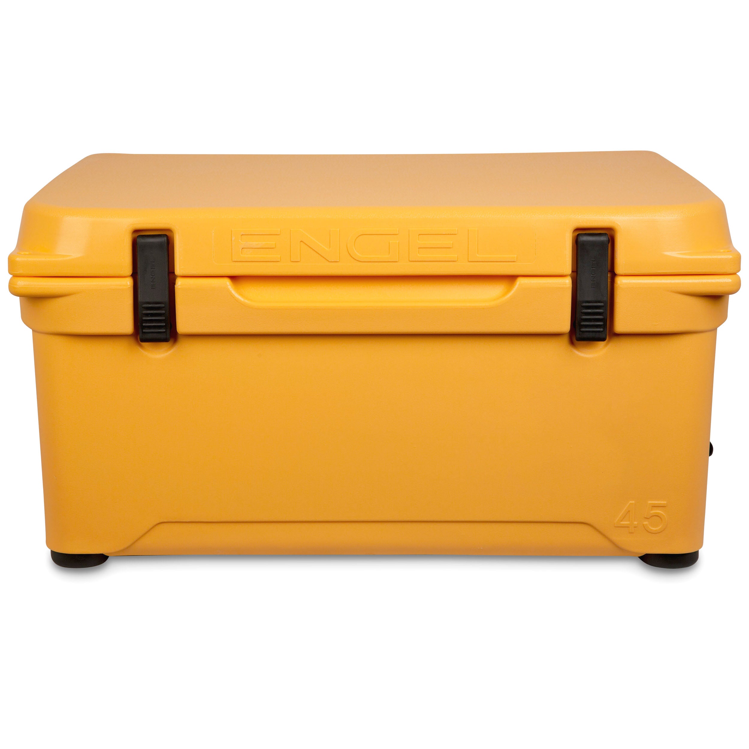 A yellow Engel 45 High Performance Hard Cooler and Ice Box on a white background.