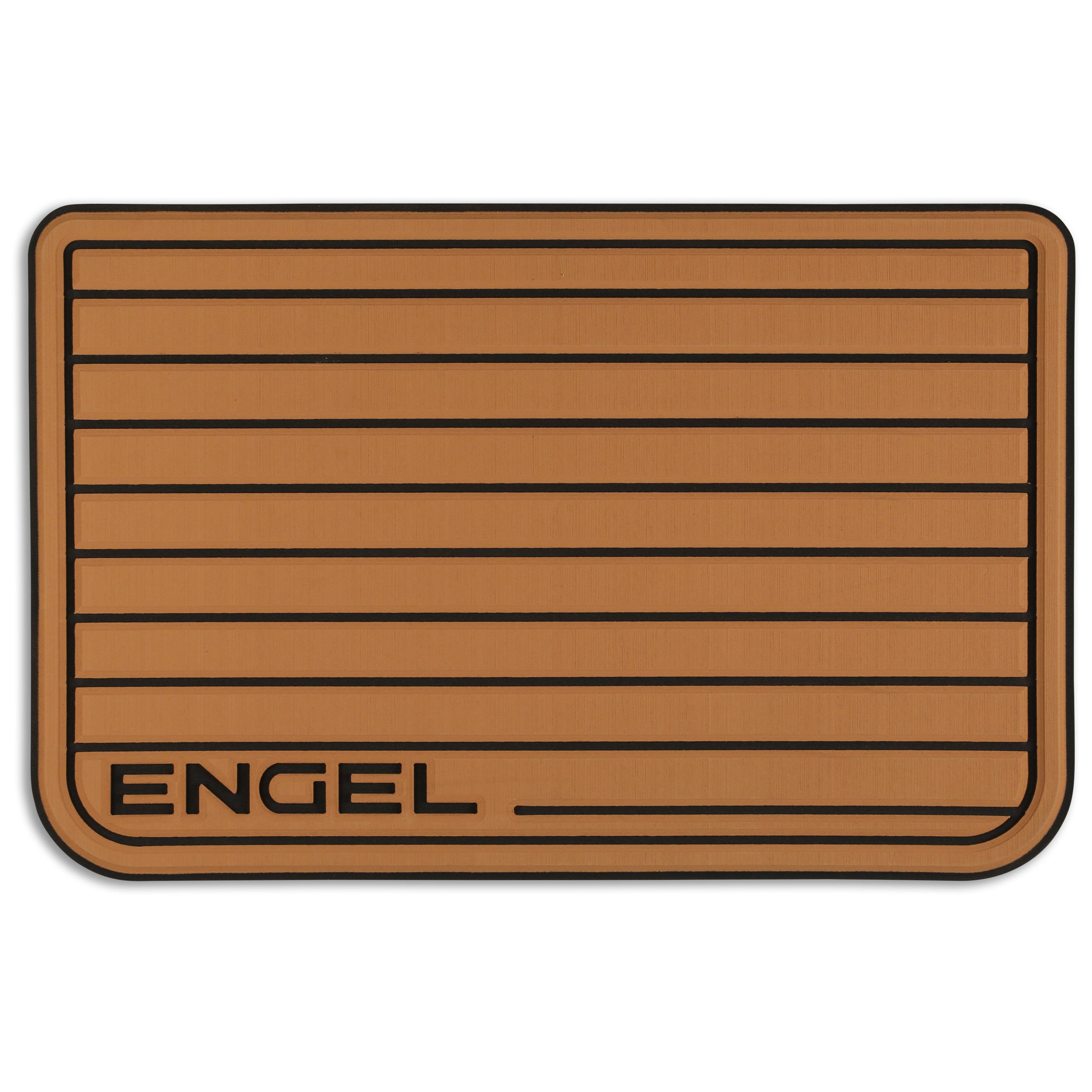 A tan Engel Coolers SeaDek® Tan Teak Pattern Non-Slip Marine Cooler Topper with black lines.