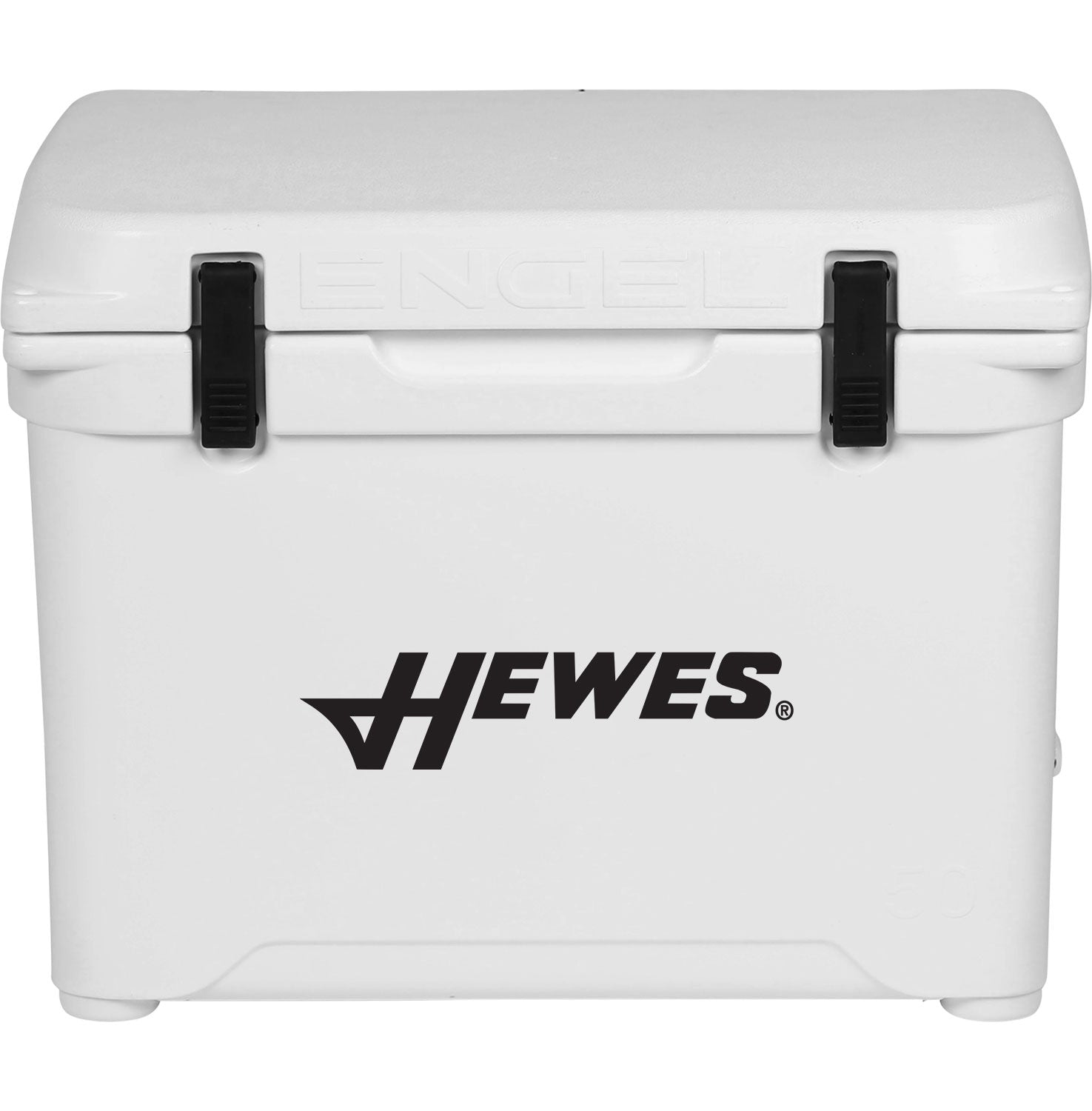 A white roto-molded cooler with the words Engel Coolers on it.