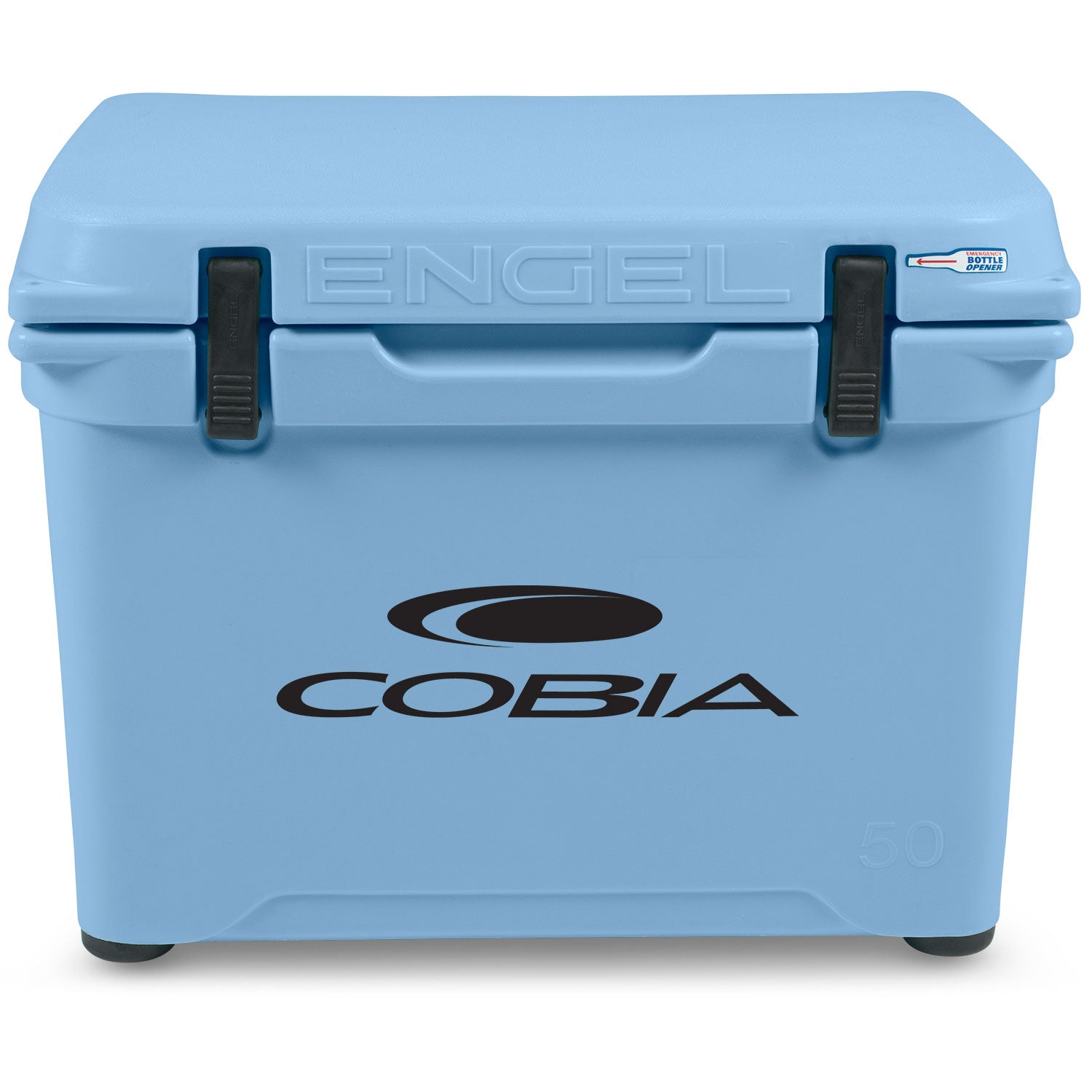 A durable, roto-molded blue Engel cooler with the cobia logo on it.