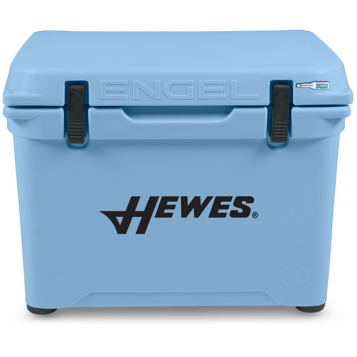 A durable, blue Engel 50 High Performance Hard Cooler and Ice Box with the word "hewes" on it.