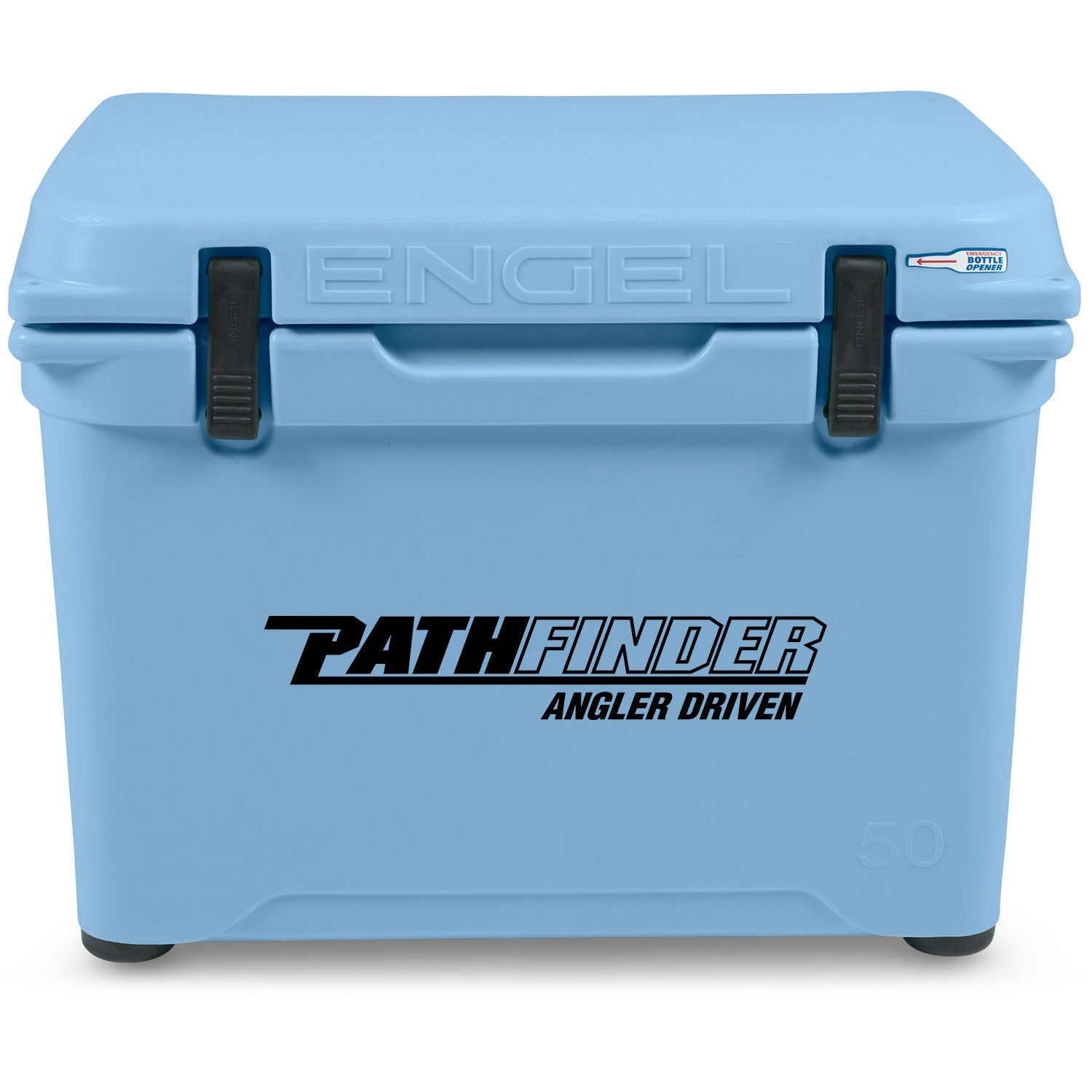 A durable, roto-molded blue cooler with the word Engel Coolers on it.