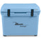 A blue, roto-molded cooler with the Engel 50 High Performance Hard Cooler and Ice Box - MBG on it, known for its durability by Engel Coolers.