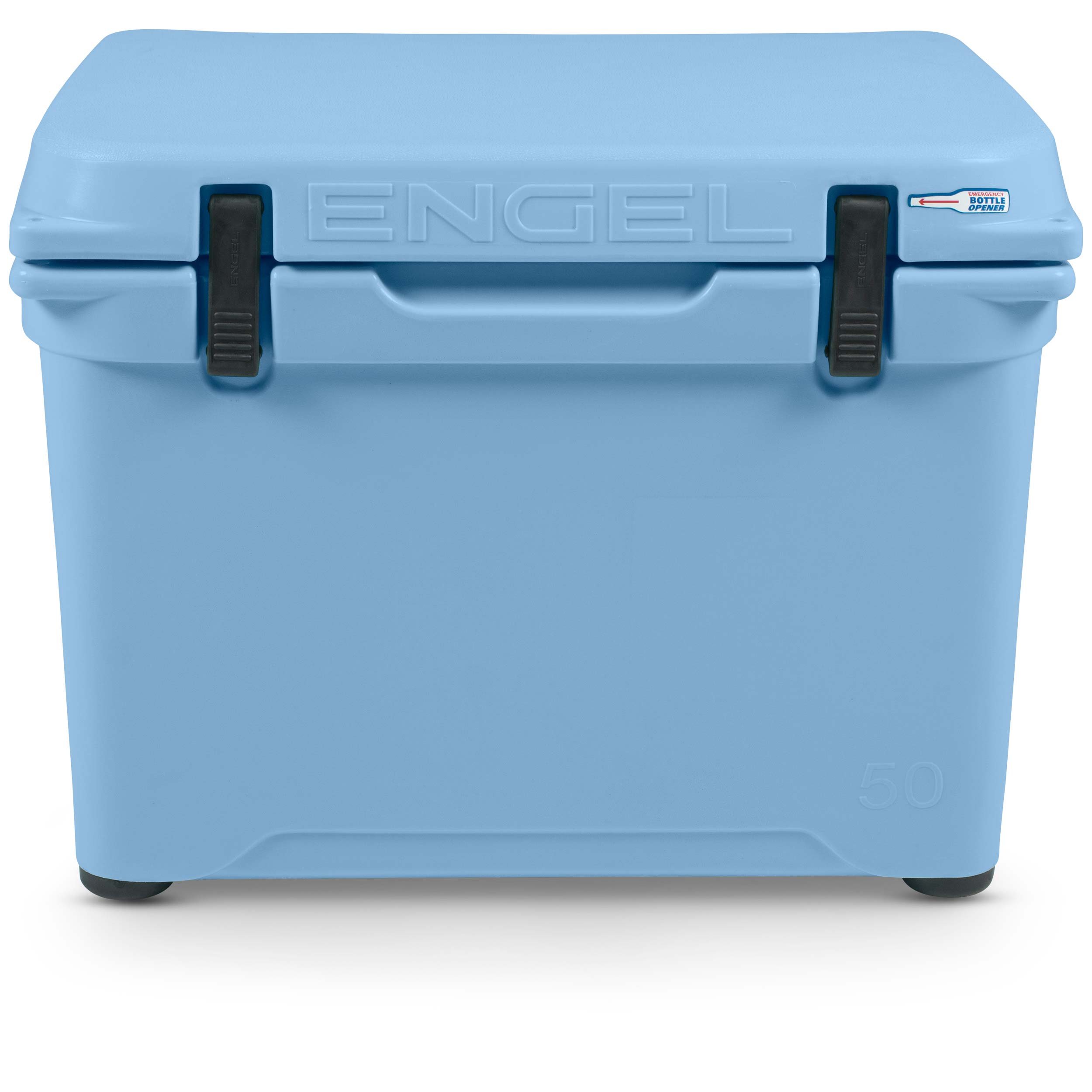 A durable blue cooler with the word Engel Coolers on it.