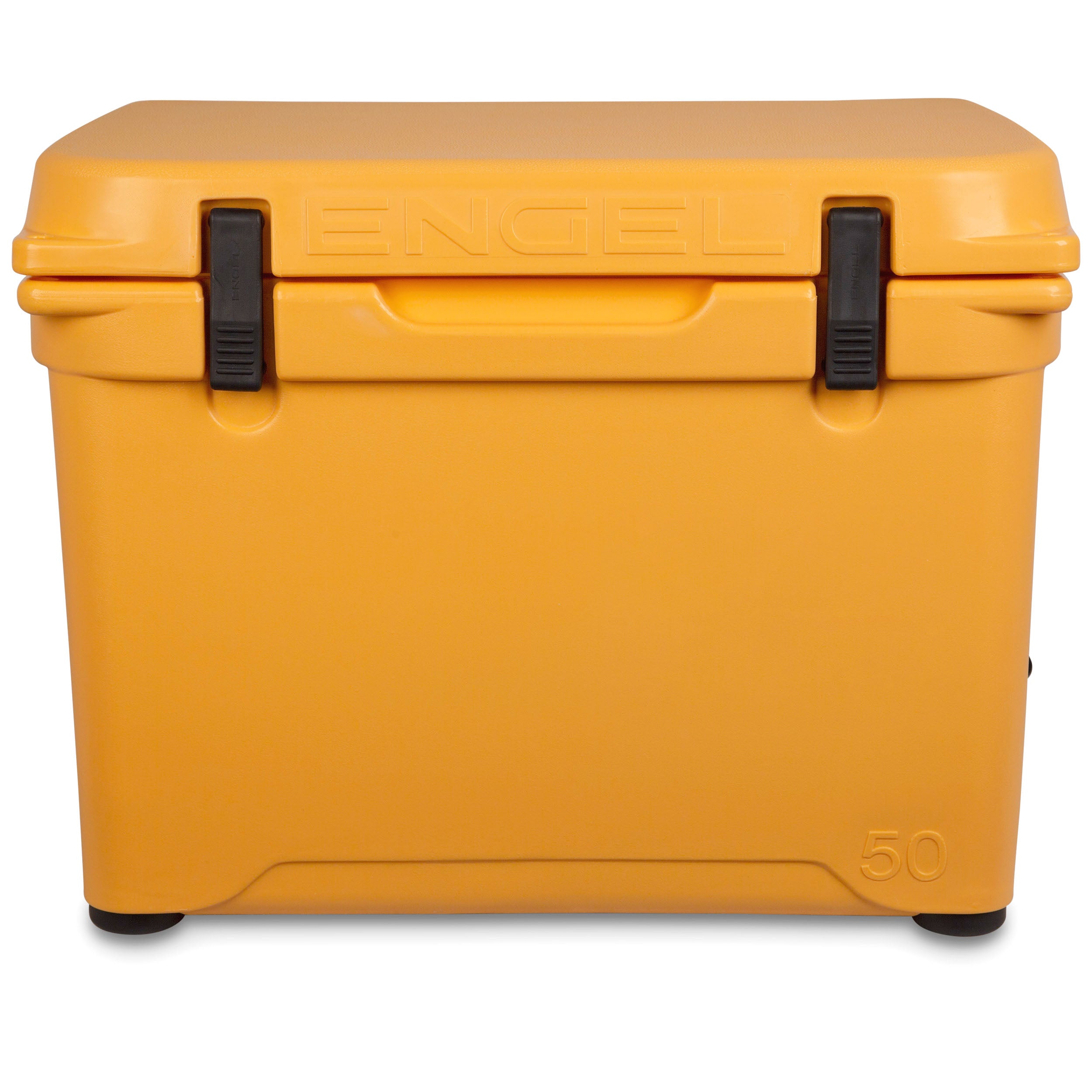 A durable, yellow Engel 50 High Performance Hard Cooler and Ice Box with the words Engel Coolers on it.