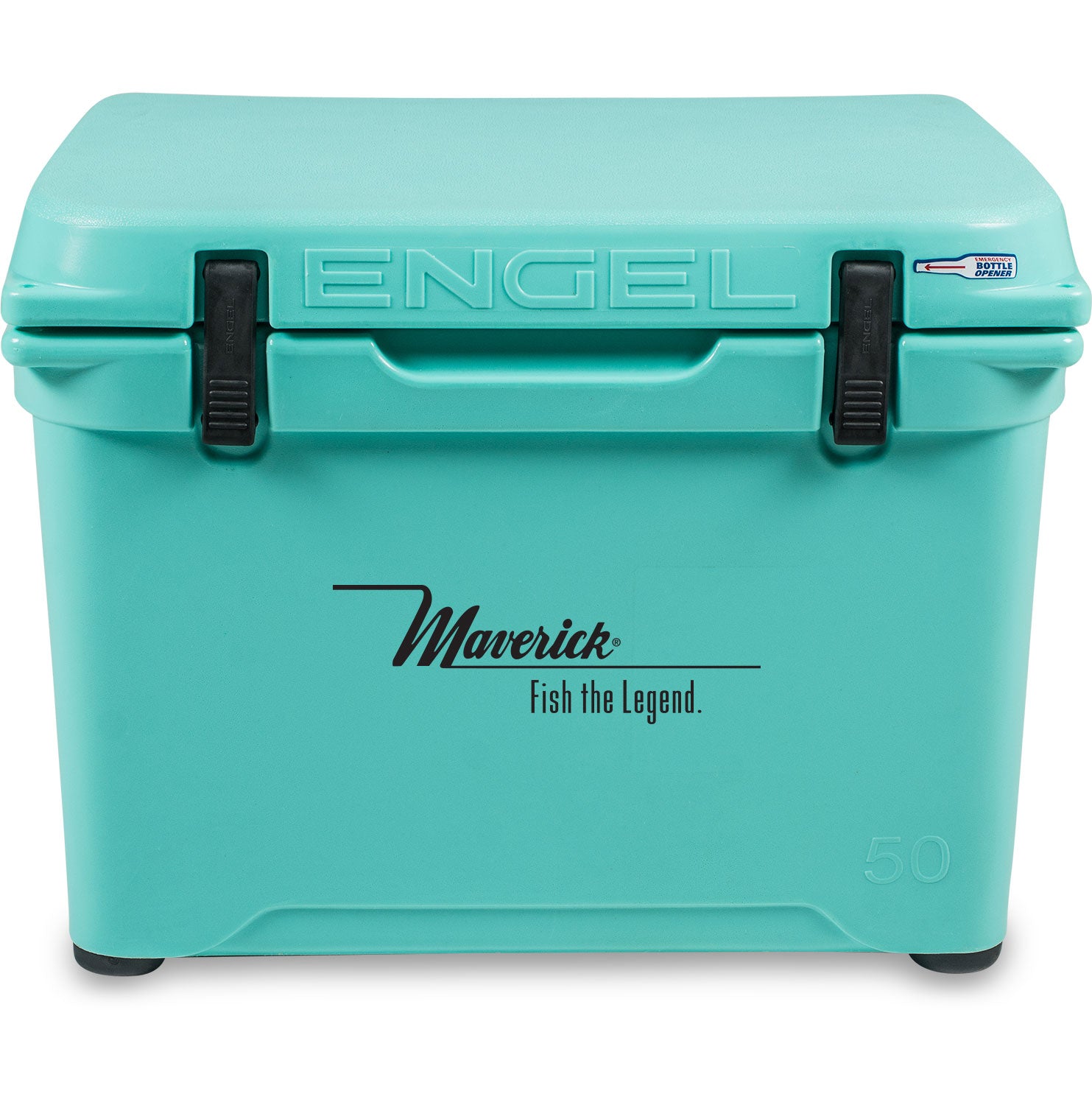 A turquoise, roto-molded Engel 50 High Performance Hard Cooler and Ice Box with the word Engel Coolers on it ensures durability.