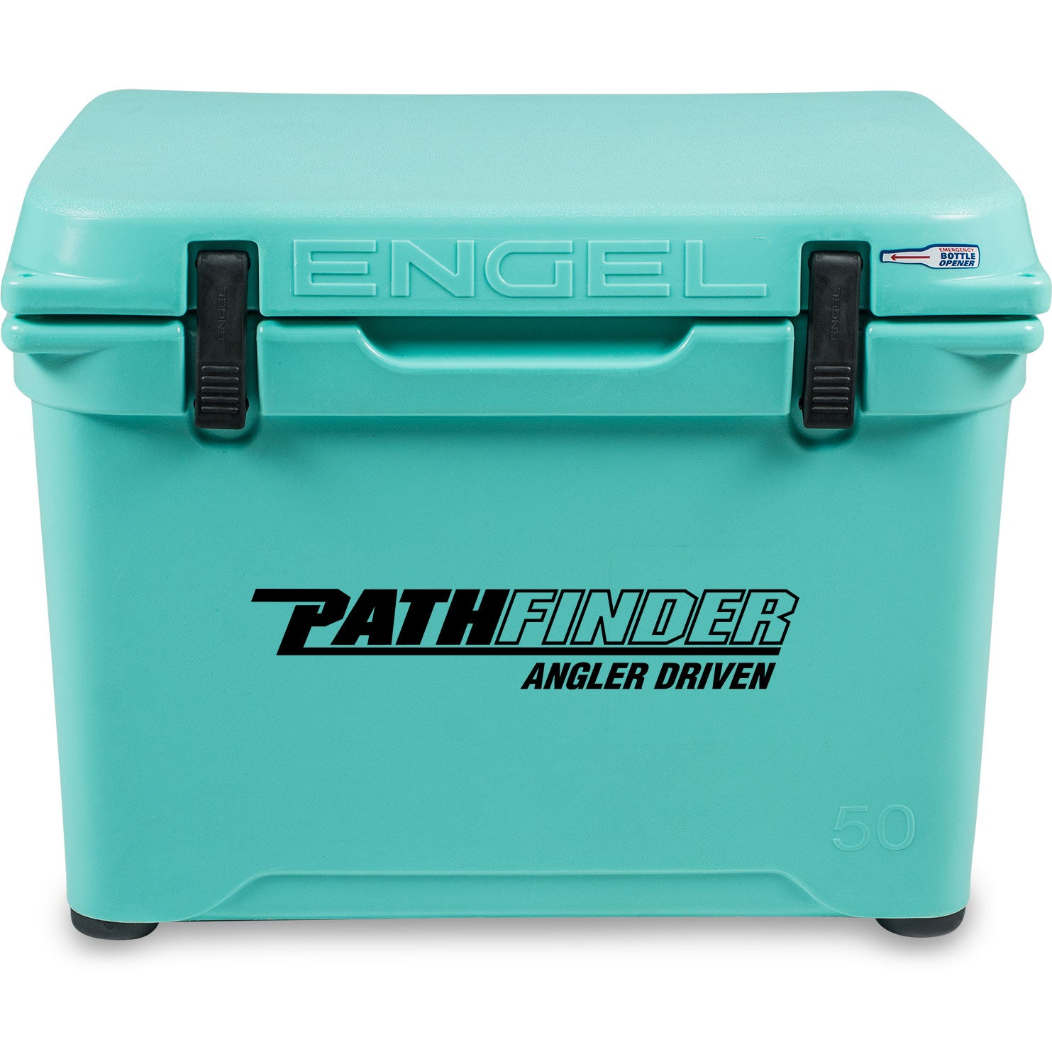 A durable, turquoise Engel Coolers 50 High Performance Hard Cooler and Ice Box with the word pathfinder on it.