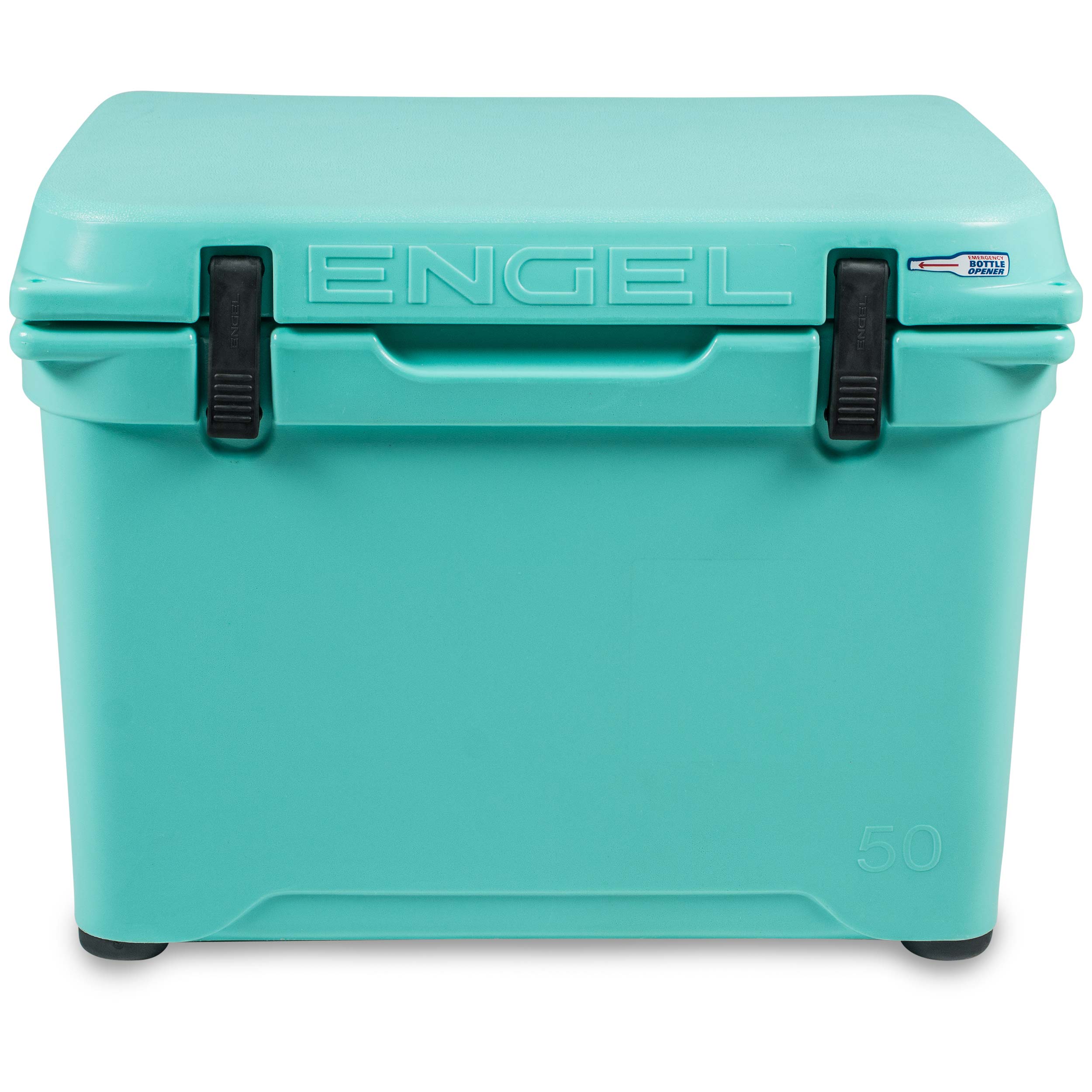 The Engel 50 High Performance Hard Cooler and Ice Box is a durable, turquoise cooler with black handles.