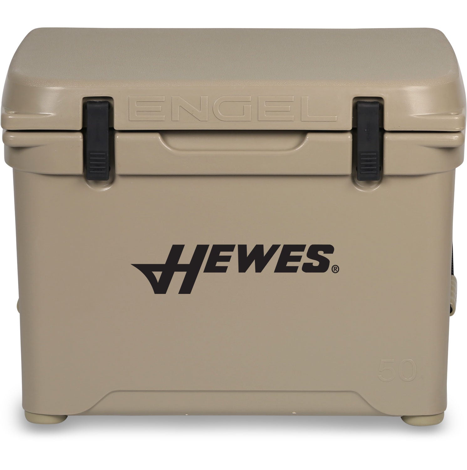 A durable, beige Engel Coolers roto-modeled cooler with the words hewes on it.