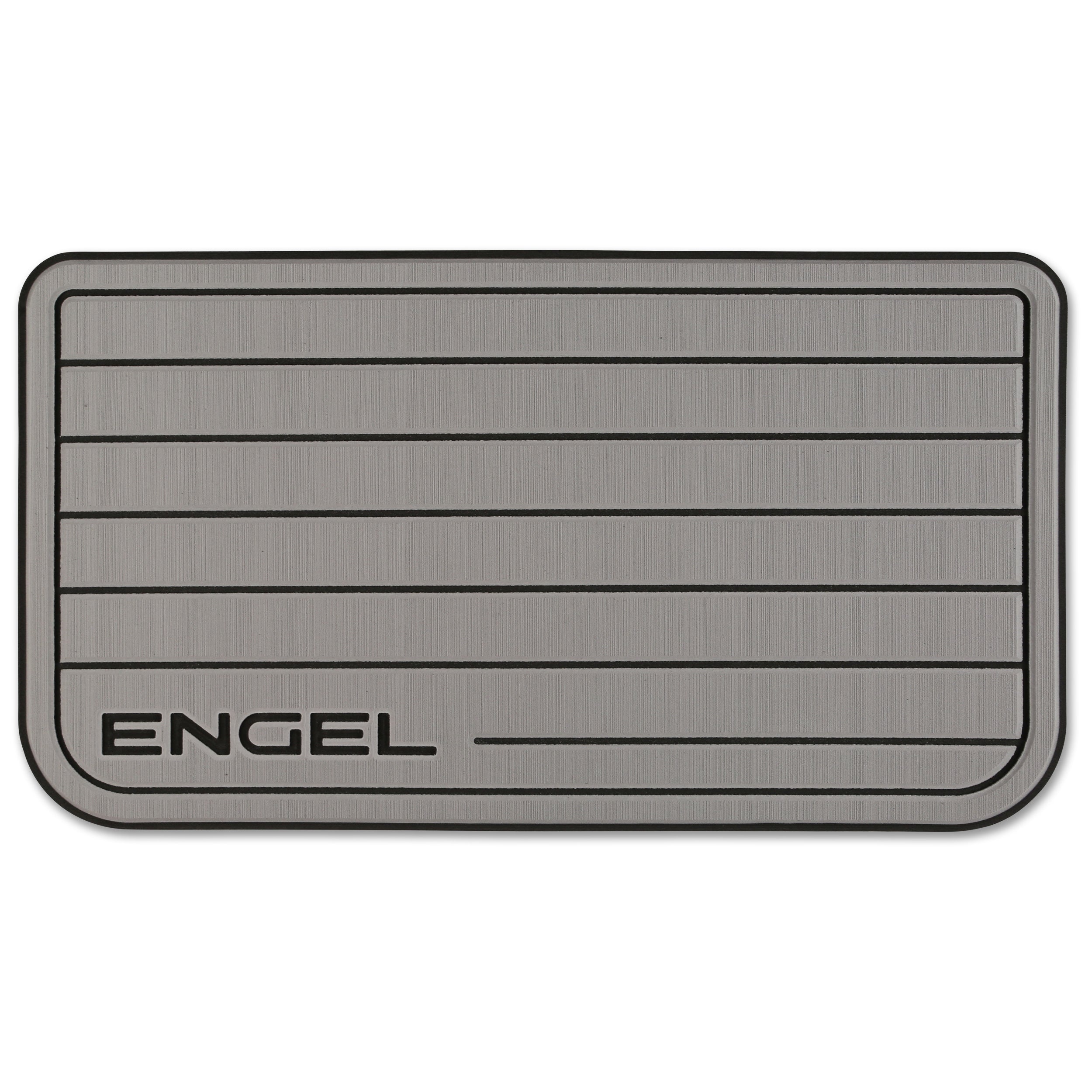 A gray Engel Coolers SeaDek® Grey Teak Pattern Non-Slip Marine Cooler Topper with the word engel on it.