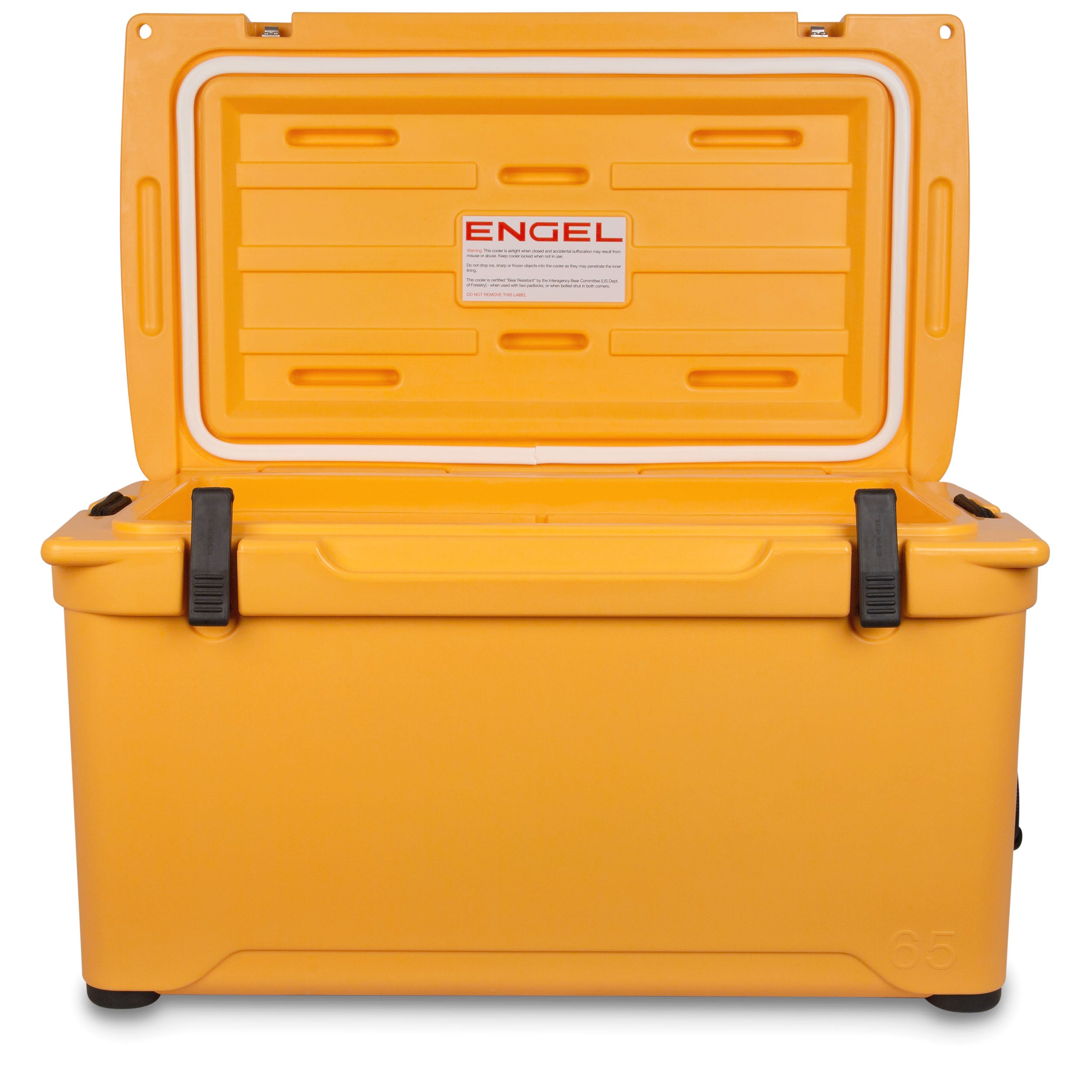 The Engel 65 High Performance Hard Cooler and Ice Box from Engel Coolers is yellow and has a black handle.