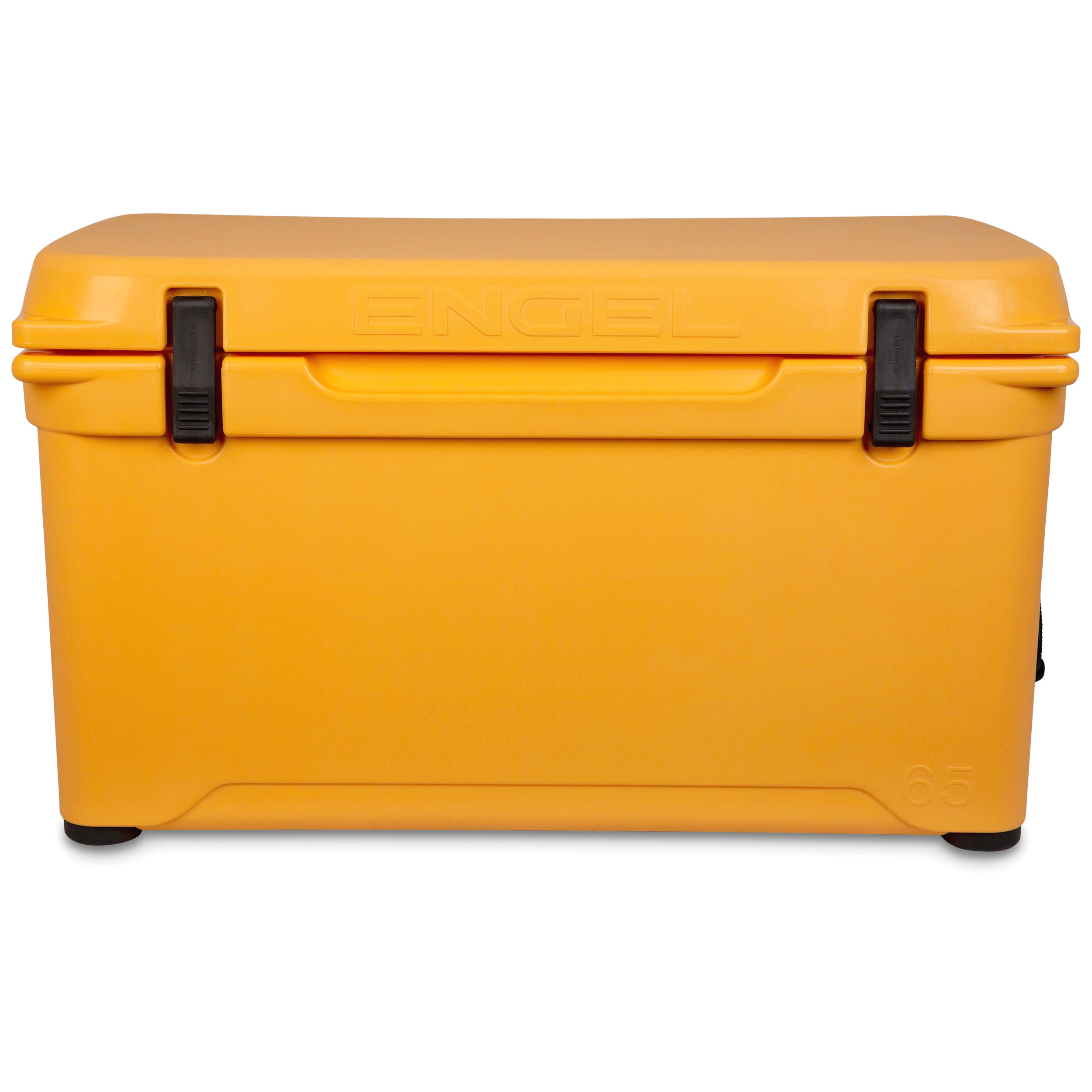 A yellow, Engel 65 High Performance Hard Cooler and Ice Box by Engel Coolers on a white background.