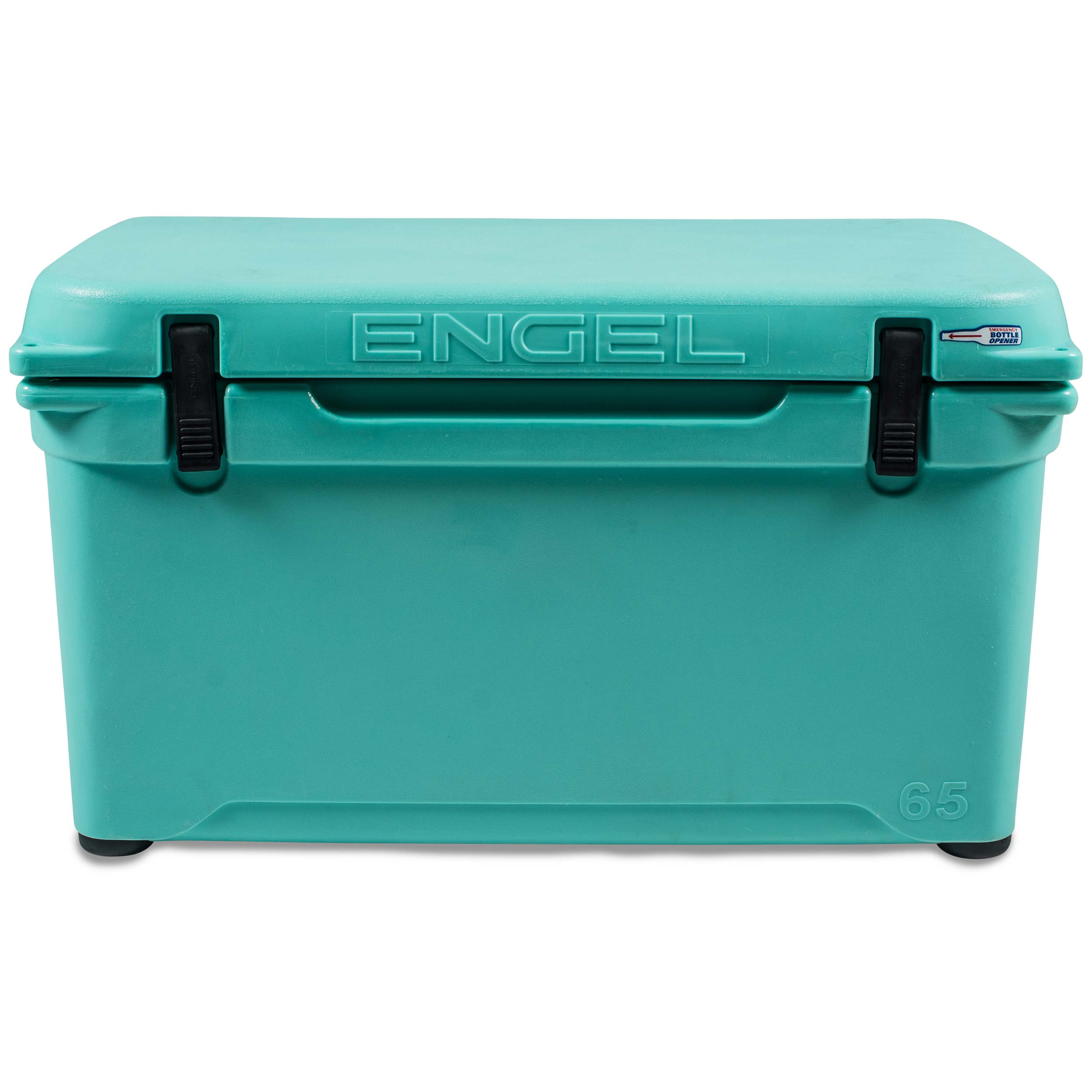 A teal roto-molded cooler with the word Engel Coolers on it, known for its ice retention.