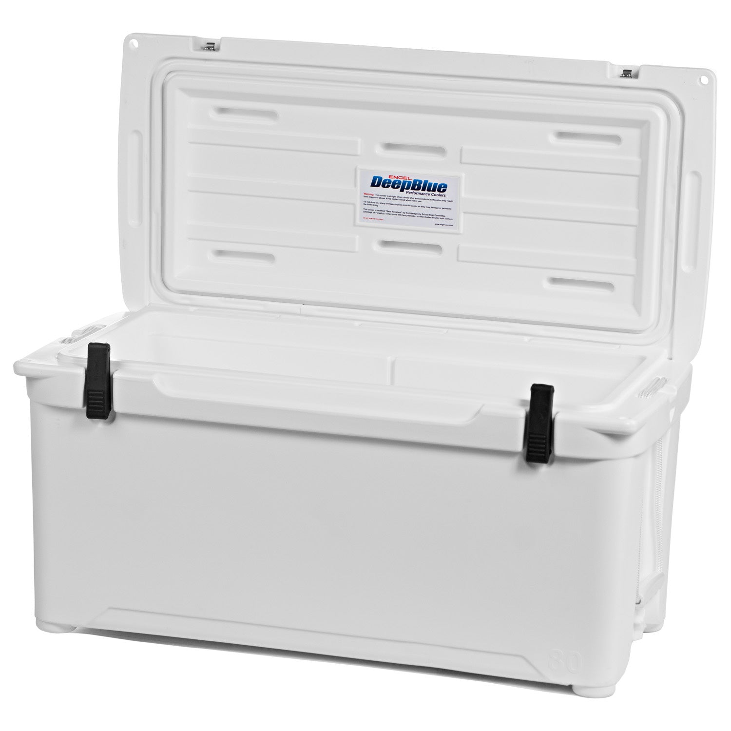 A white Engel 80 High Performance Hard Cooler and Ice Box on a white background.