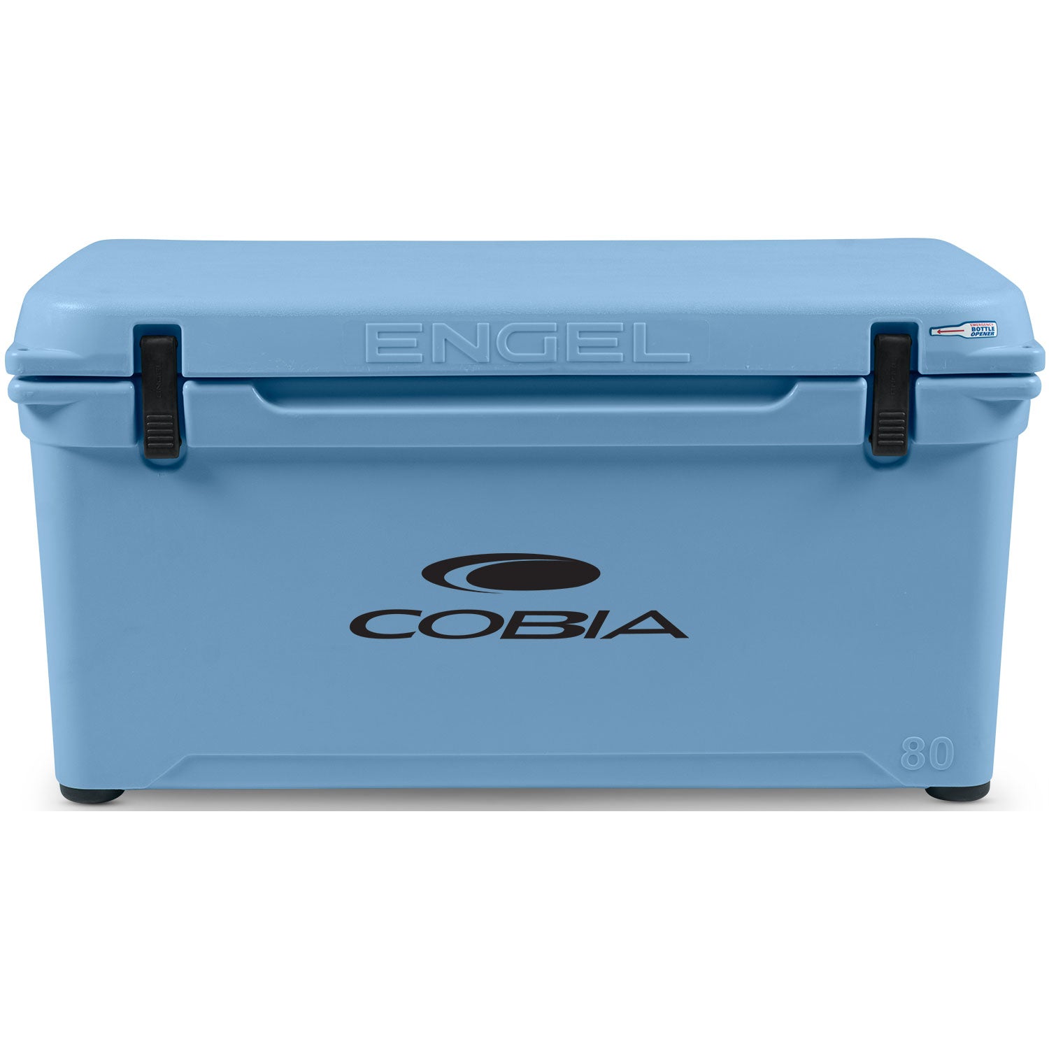 A durable, roto-molded blue cooler with the word "Engel Coolers" on it.