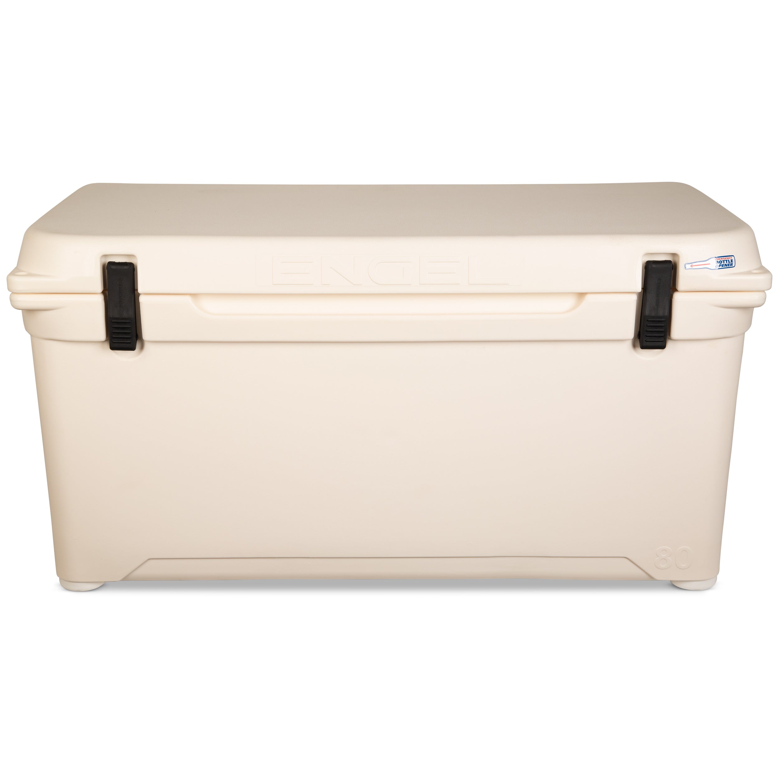 A beige Engel Coolers 80 High Performance Hard Cooler with black handles on a white background.