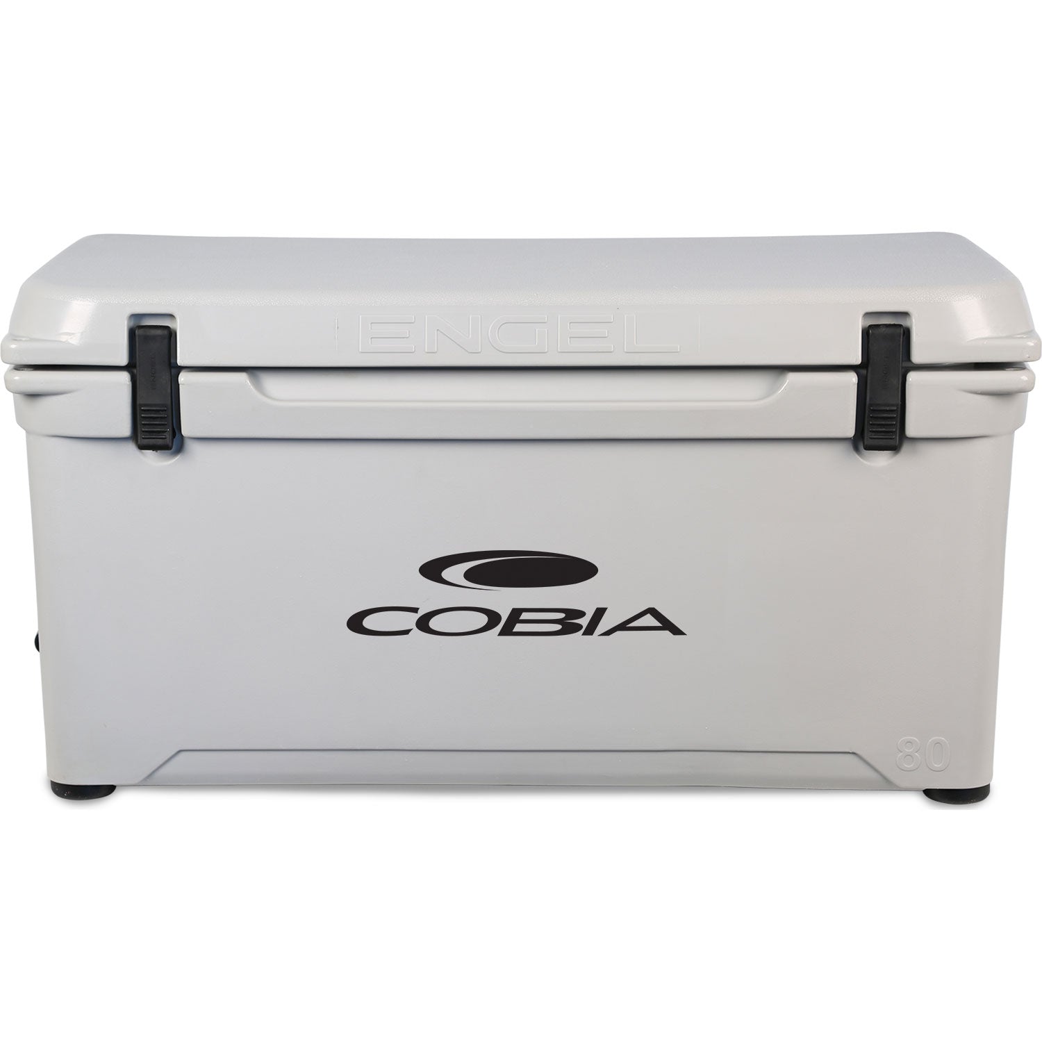 A white Engel 80 High Performance Hard Cooler and Ice Box - MBG with the word cobia on it, known for its durability.