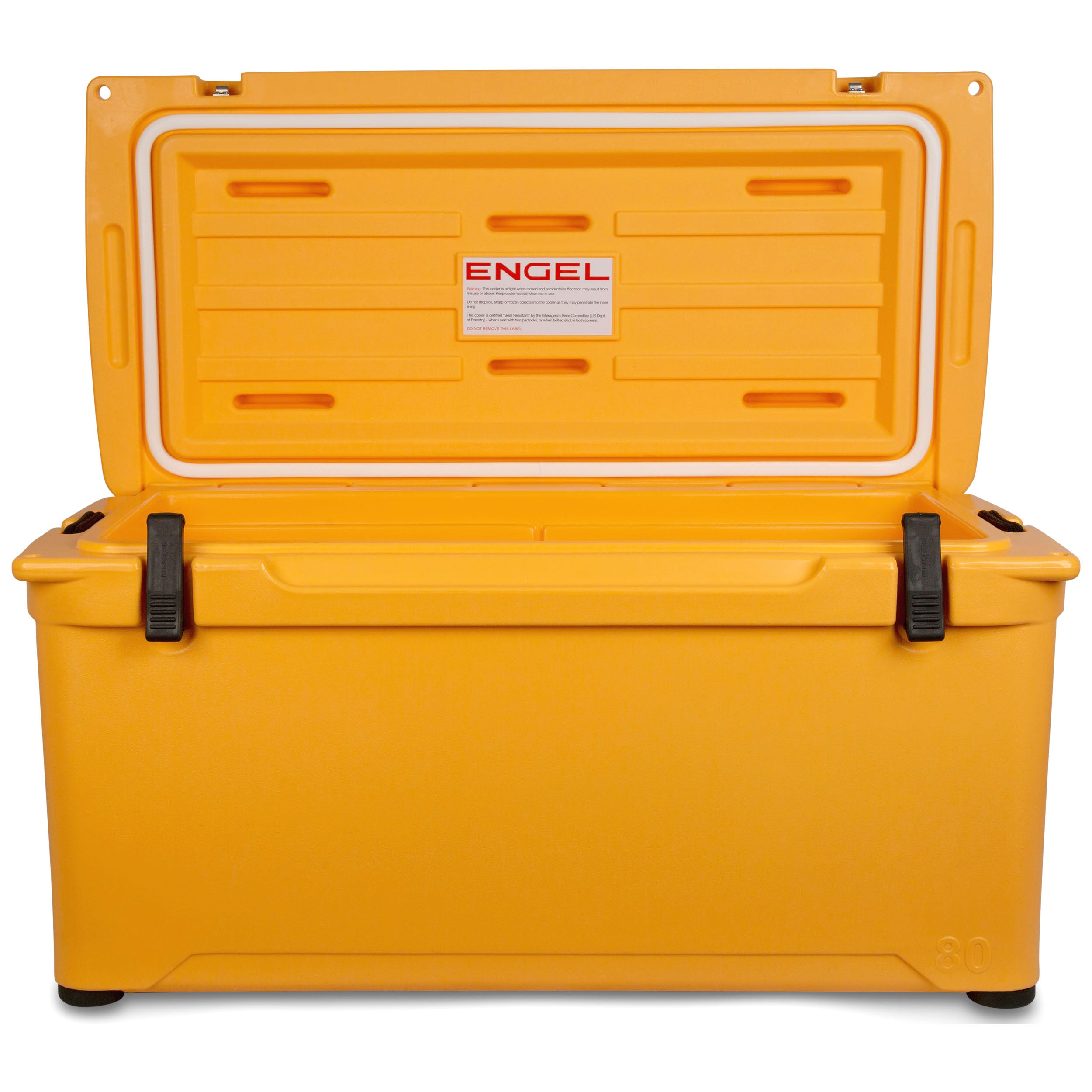 A yellow Engel Coolers 80 High Performance Hard Cooler and Ice Box on a white background.