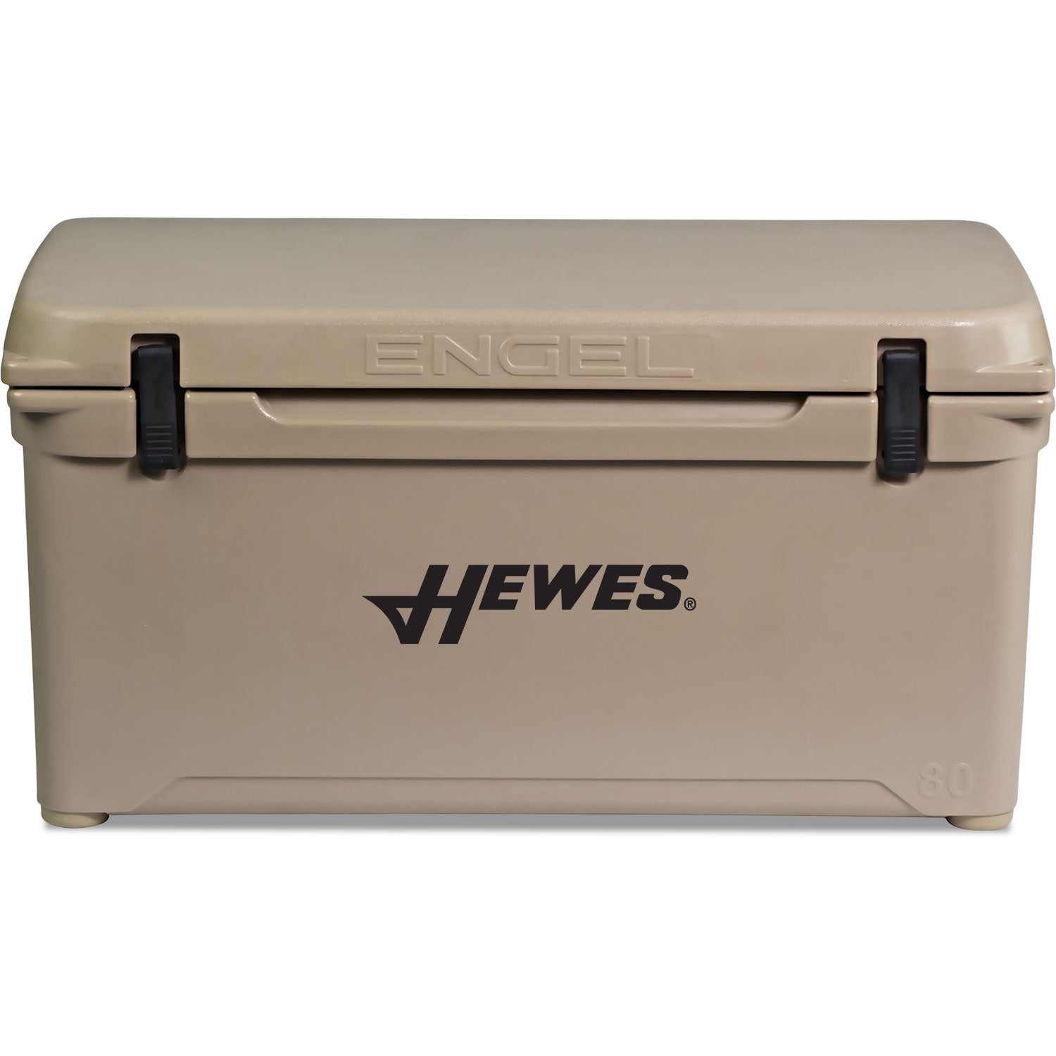 A durable, roto-molded beige cooler with the words Engel Coolers on it.