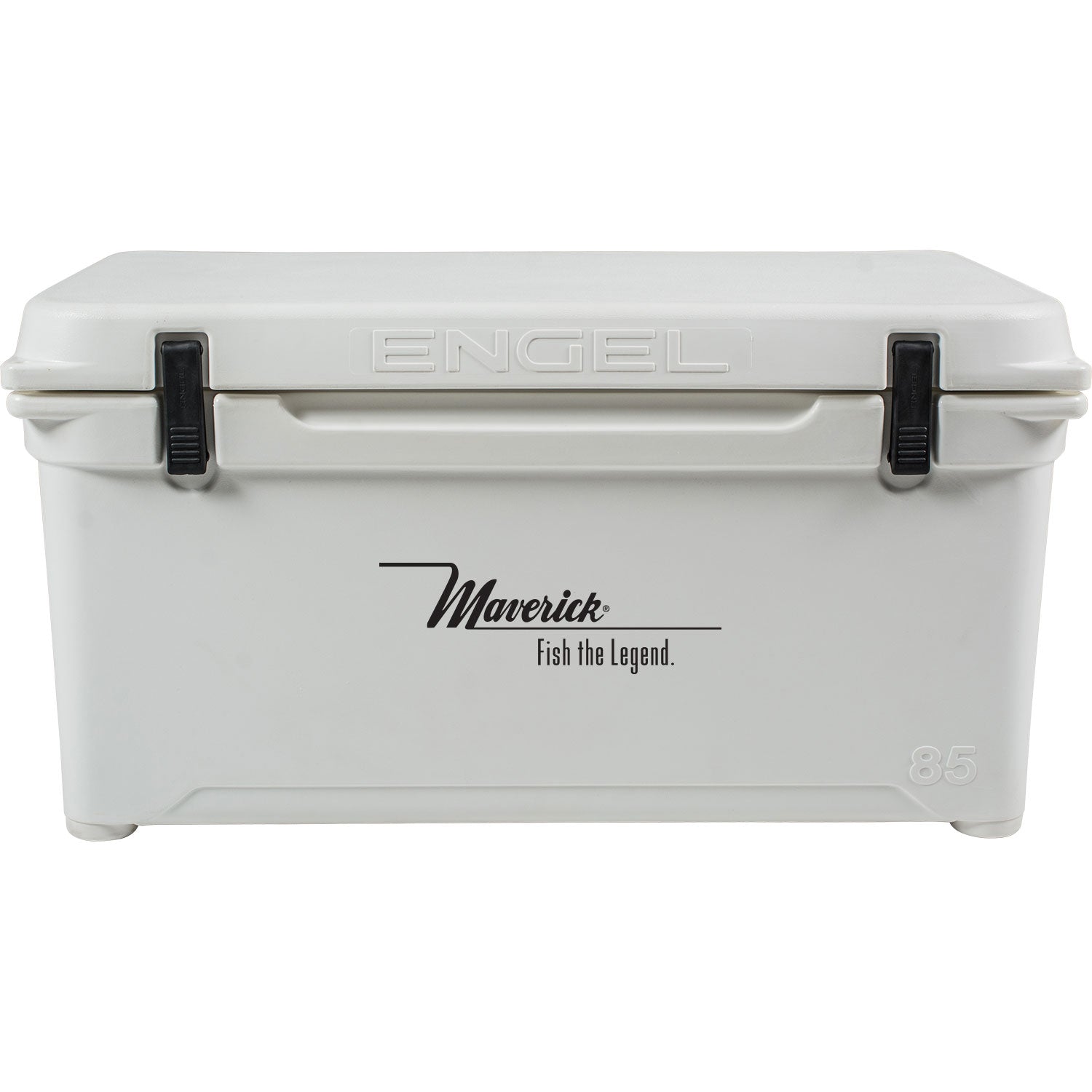 A white Engel 85 High Performance Hard Cooler and Ice Box with the word Engel on it, boasting 10 days ice retention.