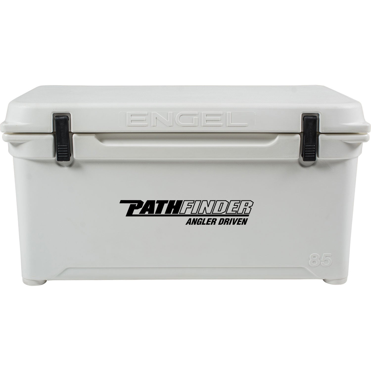 A white rotomolded cooler with the word Engel Coolers on it, offering 10 days ice retention.