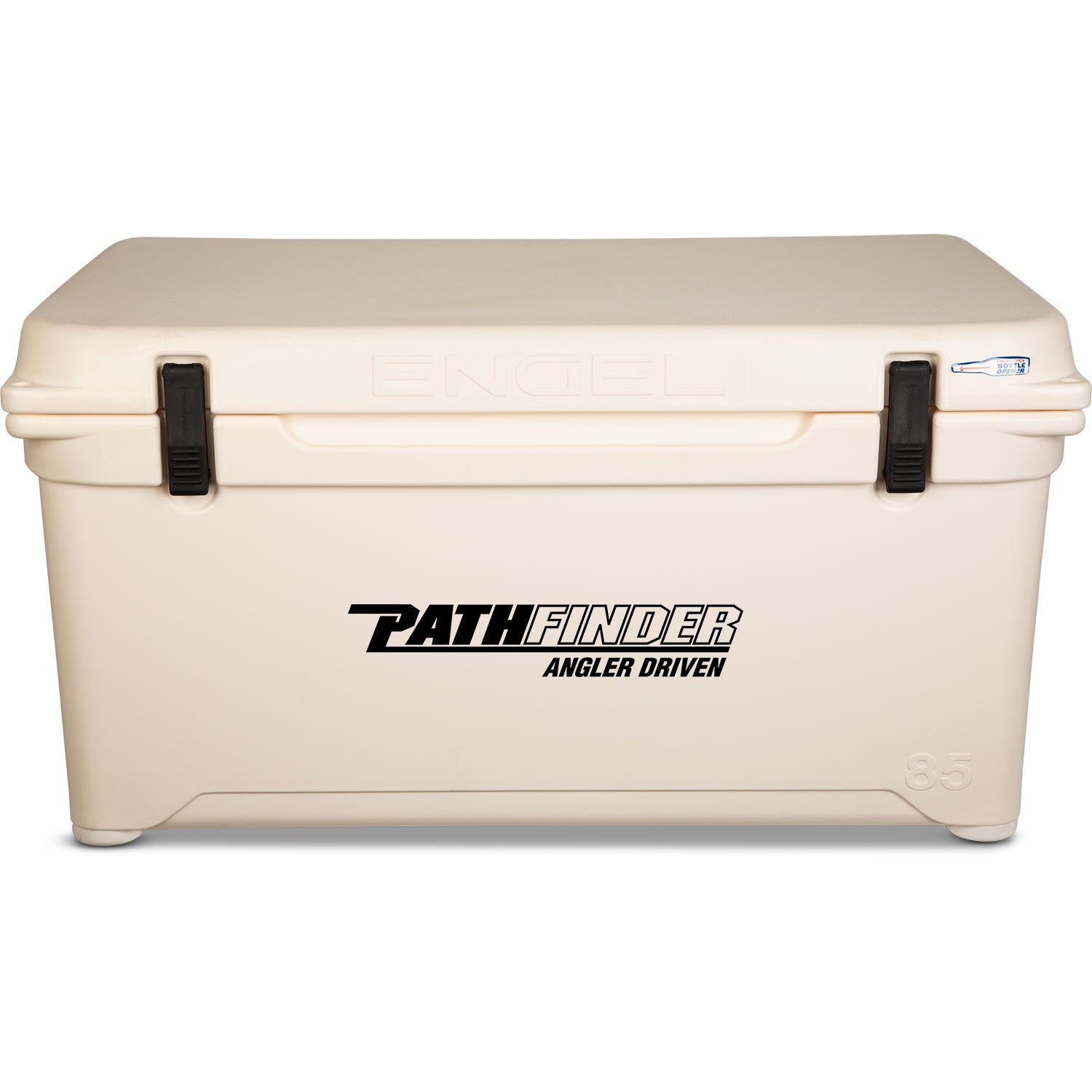 A tan Engel Coolers rotomolded cooler with the word "pathfinder" on it, boasting 10 days ice retention.