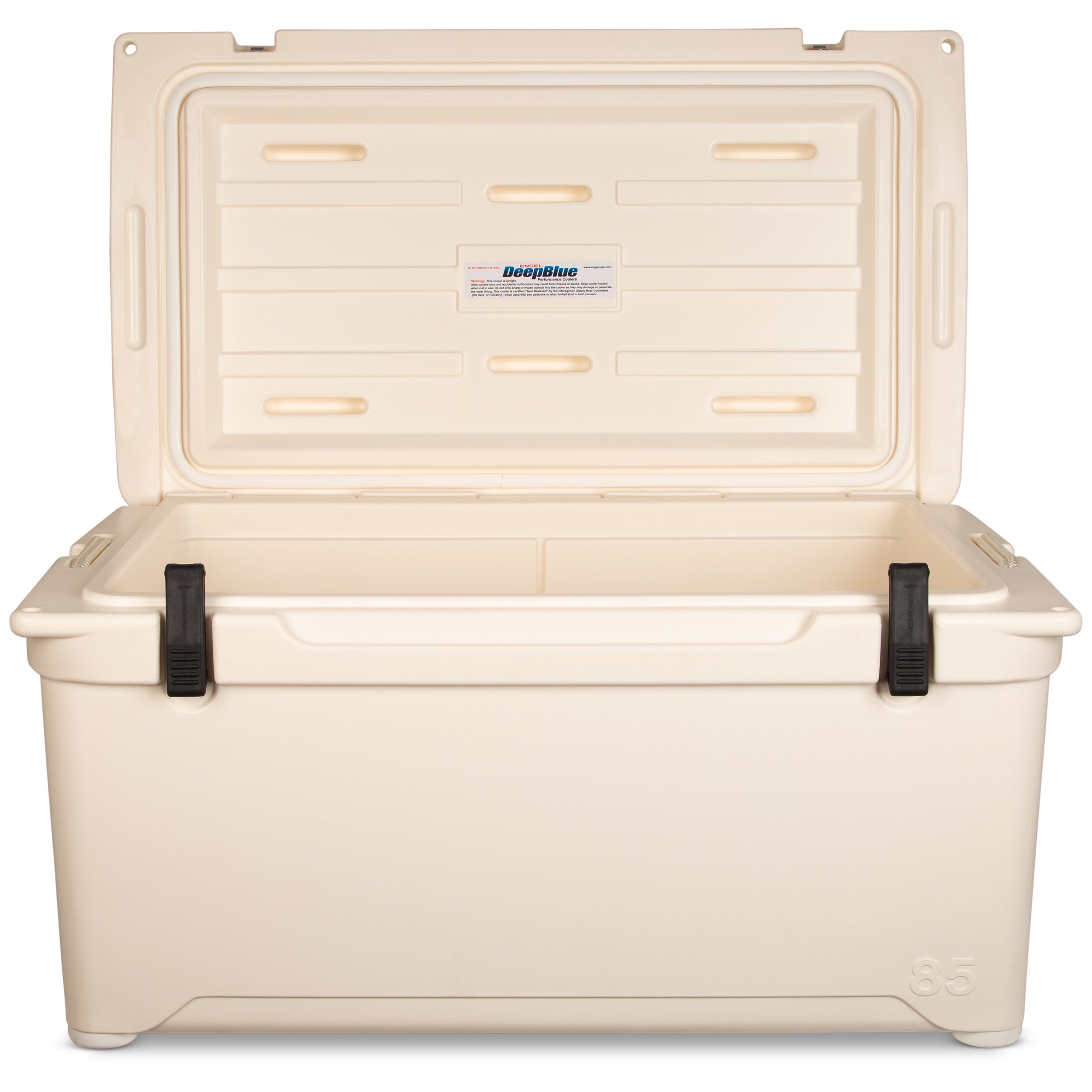 A white, durable Engel 85 High Performance Hard Cooler and Ice Box with black handles from Engel Coolers.