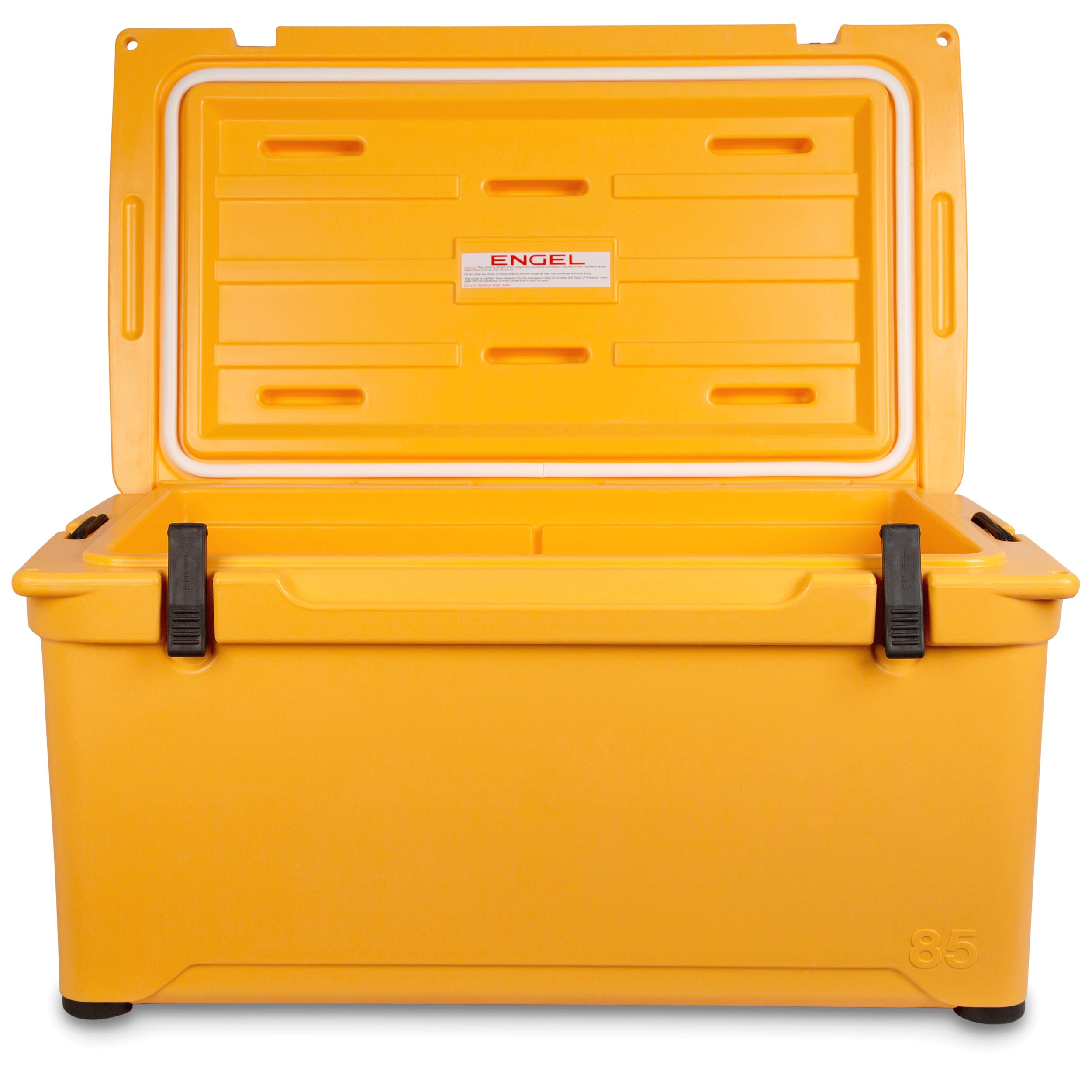 A durable, yellow Engel 85 High Performance Hard Cooler and Ice Box by Engel Coolers on a white background.