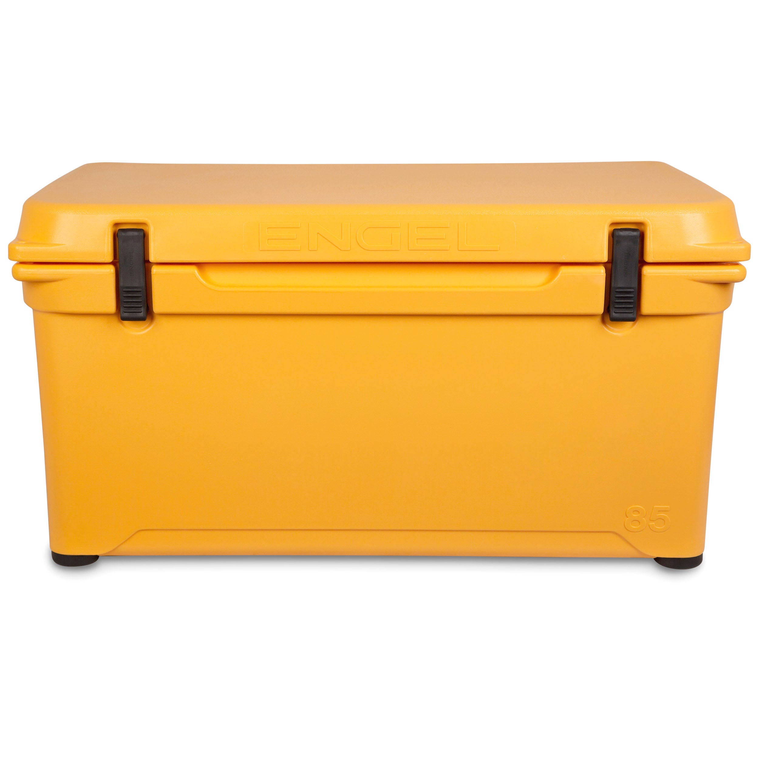 A yellow Engel Coolers 85 High Performance Hard Cooler and Ice Box on a white background.