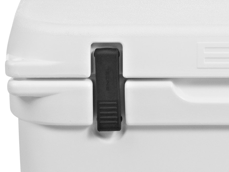 A white Engel High Performance Hard Cooler Latch (Single Latch) with a black handle.