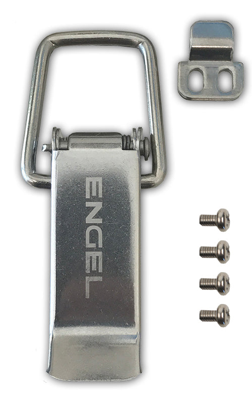 The High Performance Hard Cooler Stainless Steel Latch by Engel Coolers is perfect for Engel's high performance coolers and comes with a hinge, bracket, and four screws.