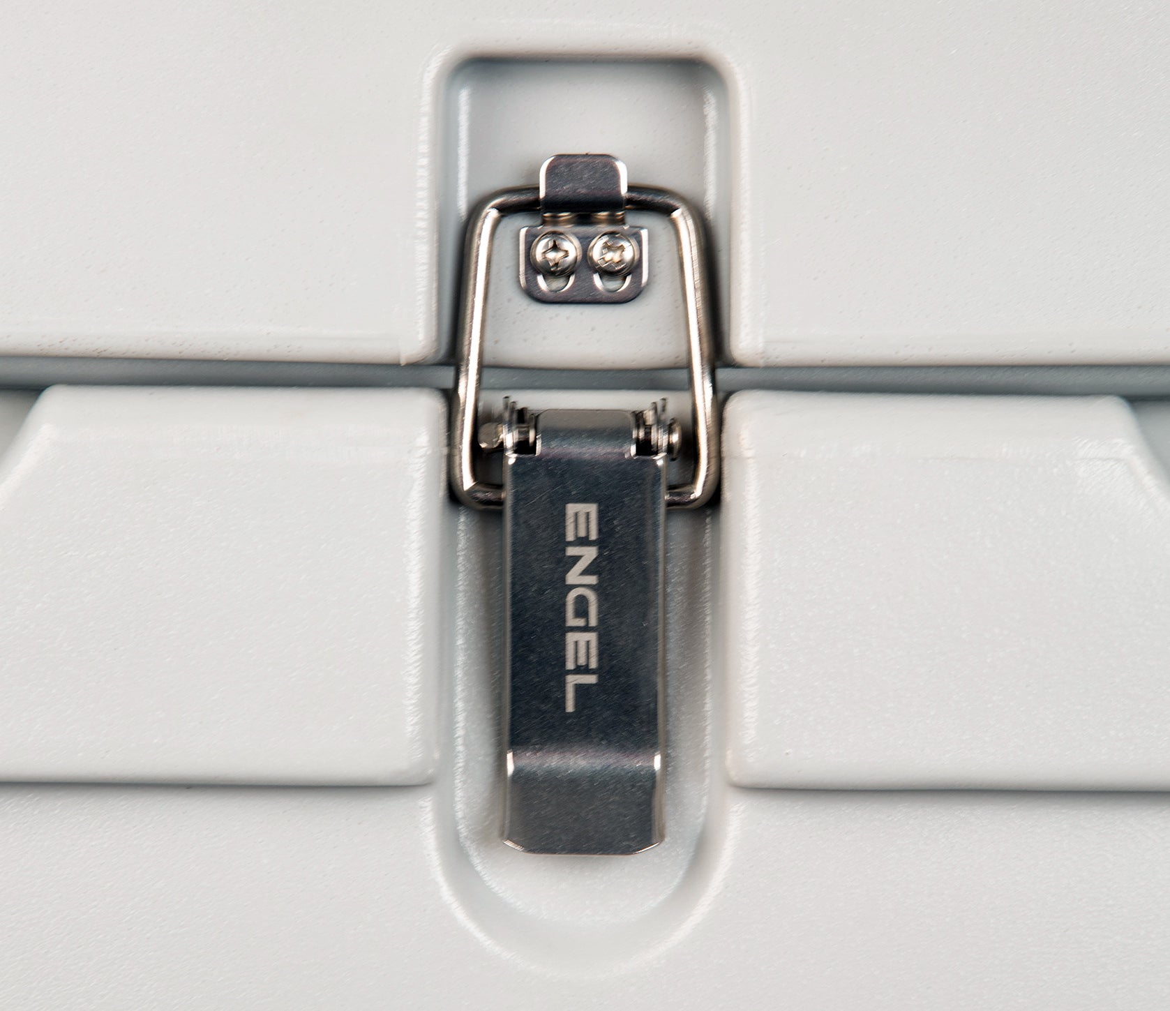 A close up of an Engel Coolers High Performance Hard Cooler Stainless Steel Latch (Single Latch) assembly.