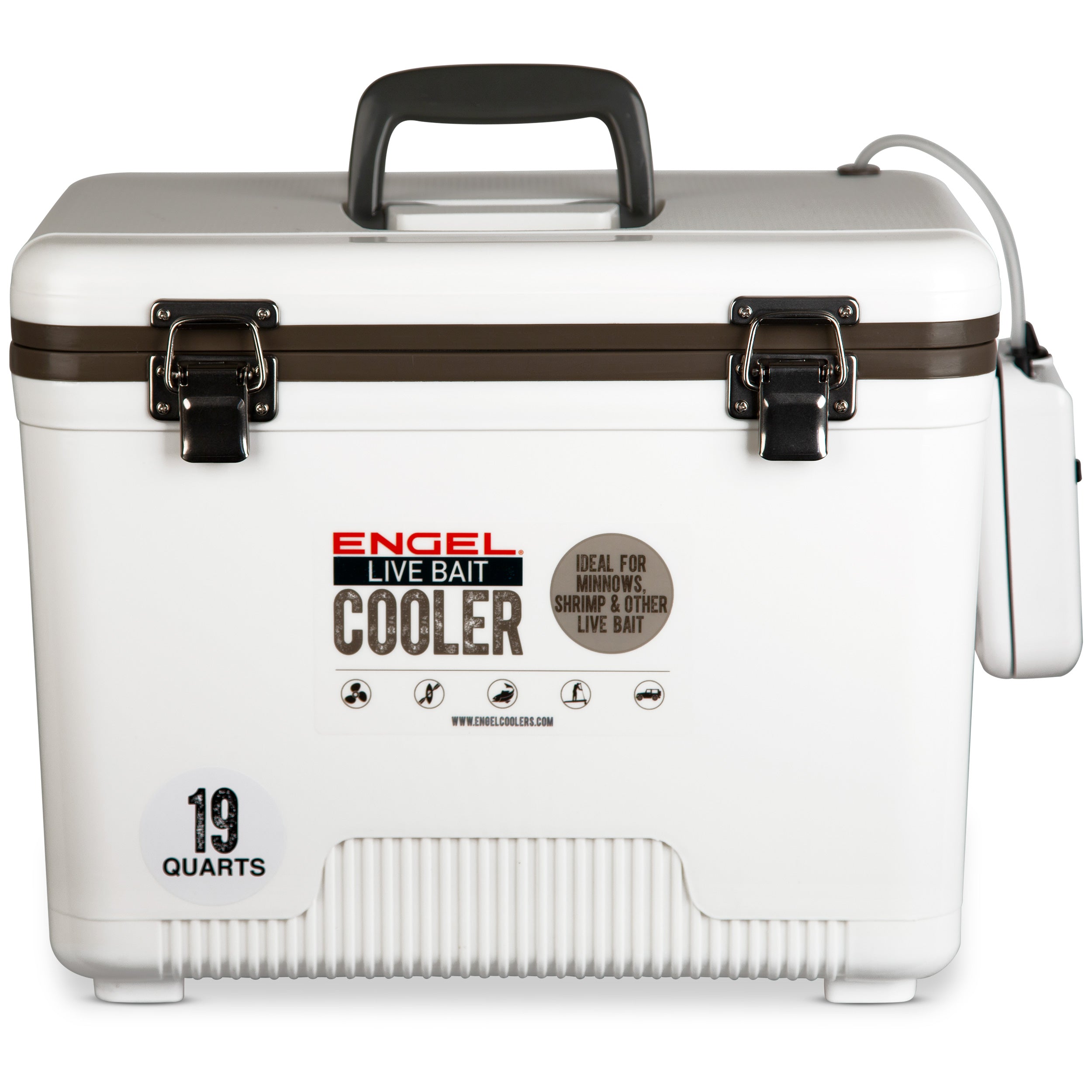 A white Engel Coolers Original 19 Quart Live Bait Drybox/Cooler on a white background.