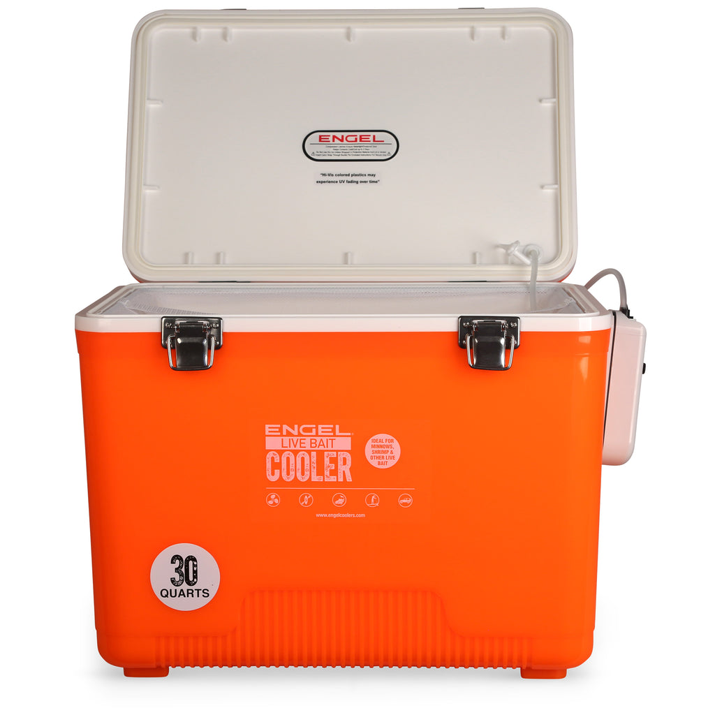 Engel 30qt Live Bait Cooler Box with 2nd Gen 2-Speed Portable Aerator Pump.  Fishing Bait Station and Minnow Bucket for Shrimp, Minnows, and Other Live