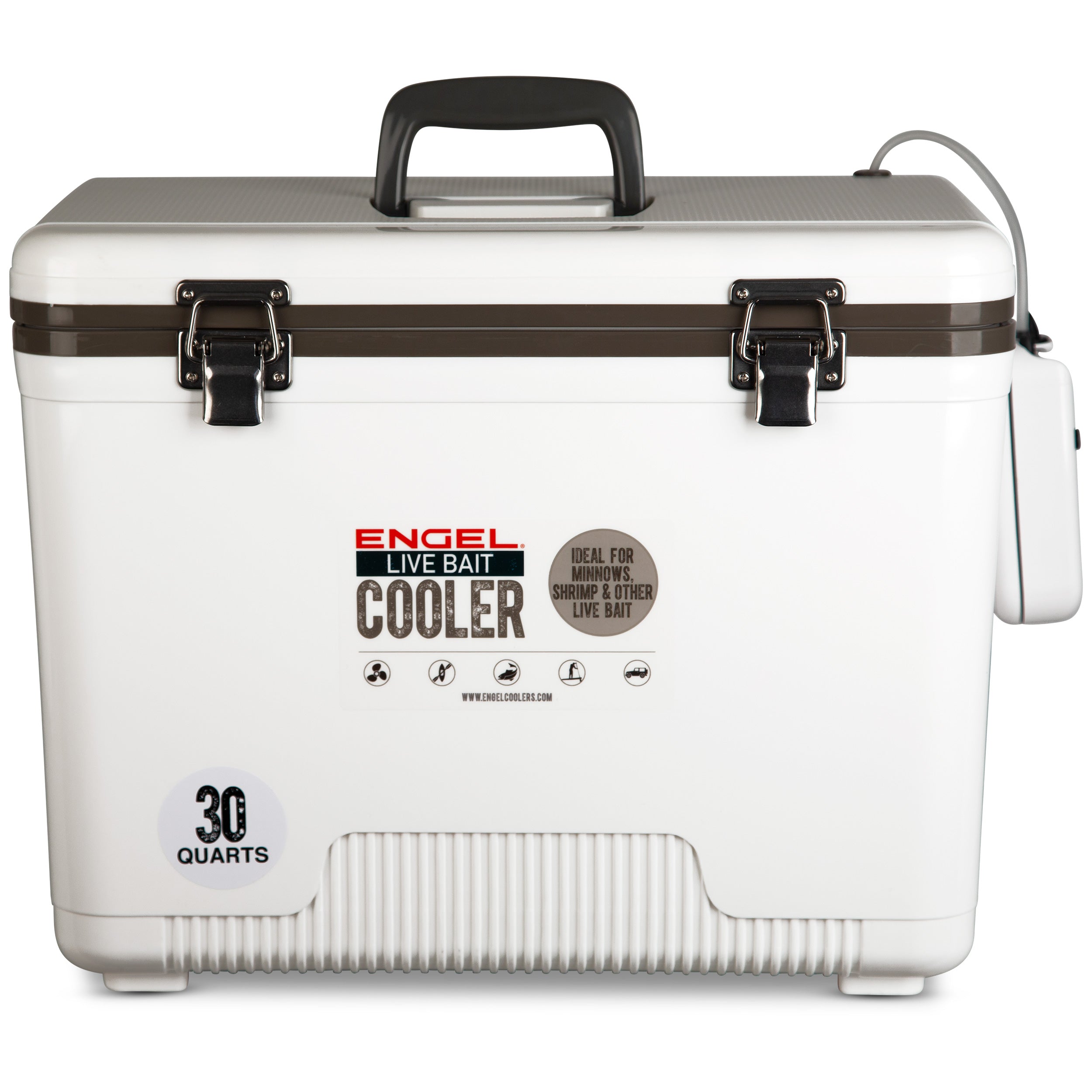 An Engel Coolers Original 30 Quart Live Bait Drybox/Cooler on a white background.