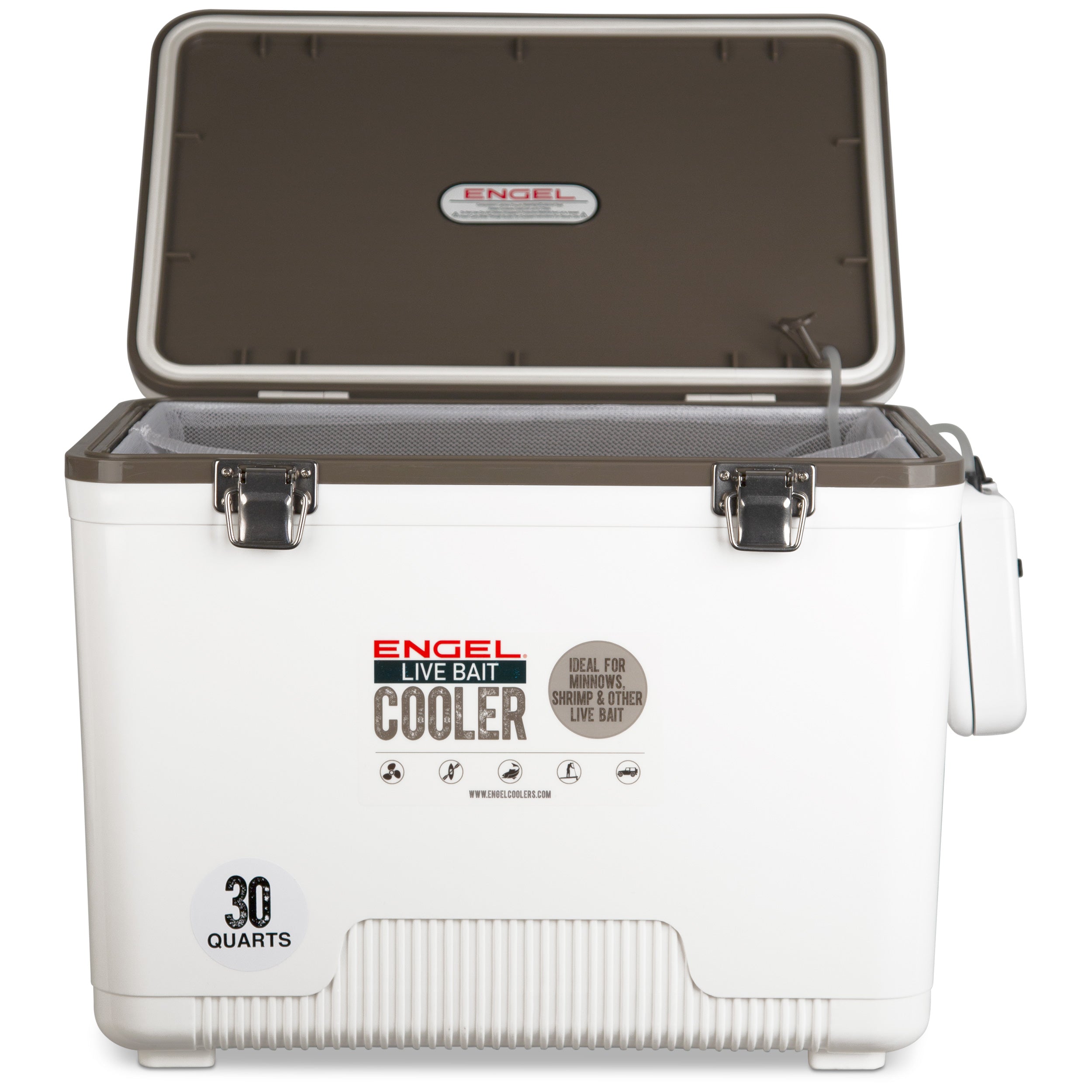 A white Engel Coolers Original 30 Quart Live Bait Drybox/Cooler with the lid open.