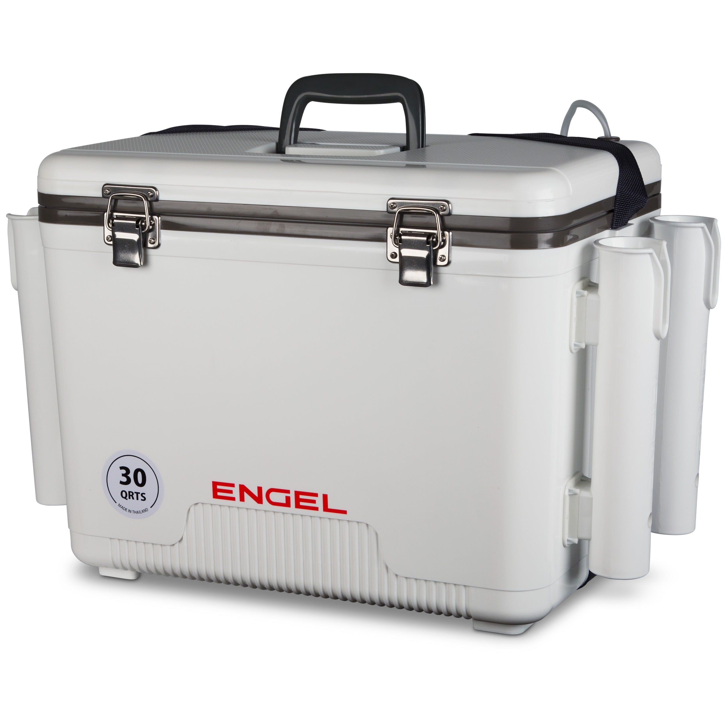 An Engel Coolers Original 30 Quart Live Bait Drybox/Cooler with Rod Holders on a white background.