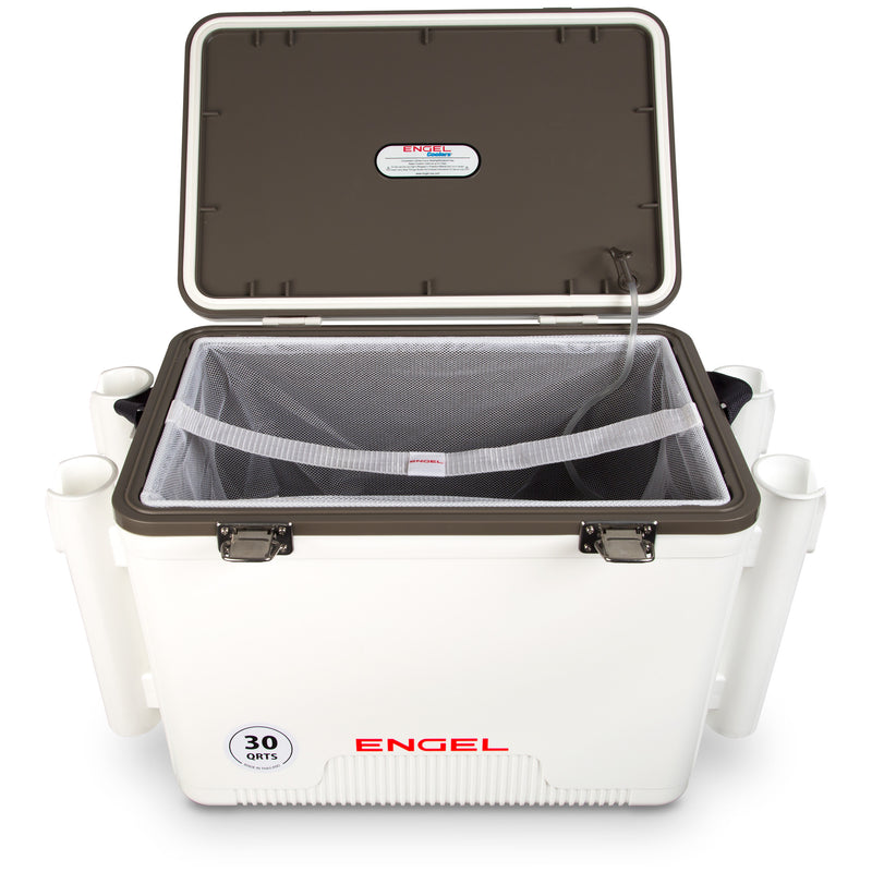 Engel Durable 30 Quart Live Bait Dry Box and Cooler with Rod Holders, White