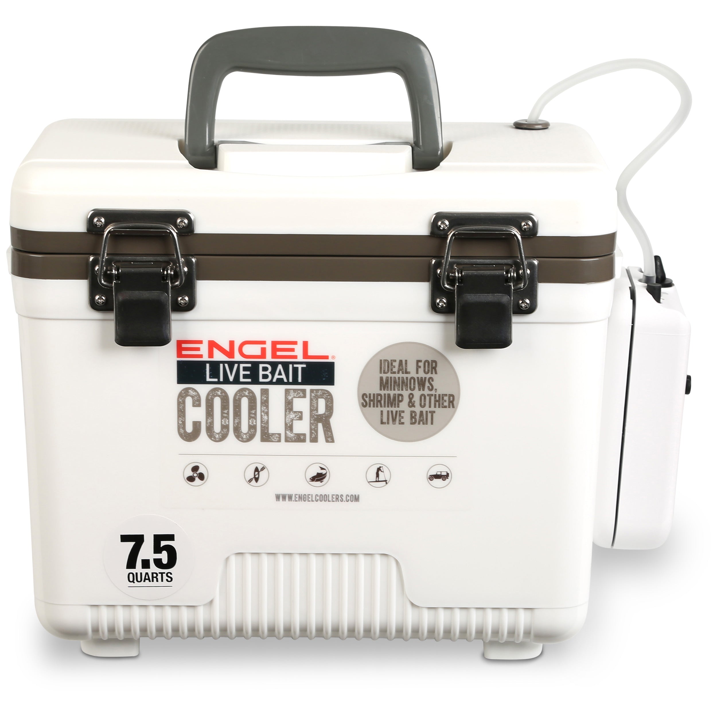 A white insulated cooler with the word Engel Coolers Original 7.5 Quart Live Bait Drybox/Cooler on it.