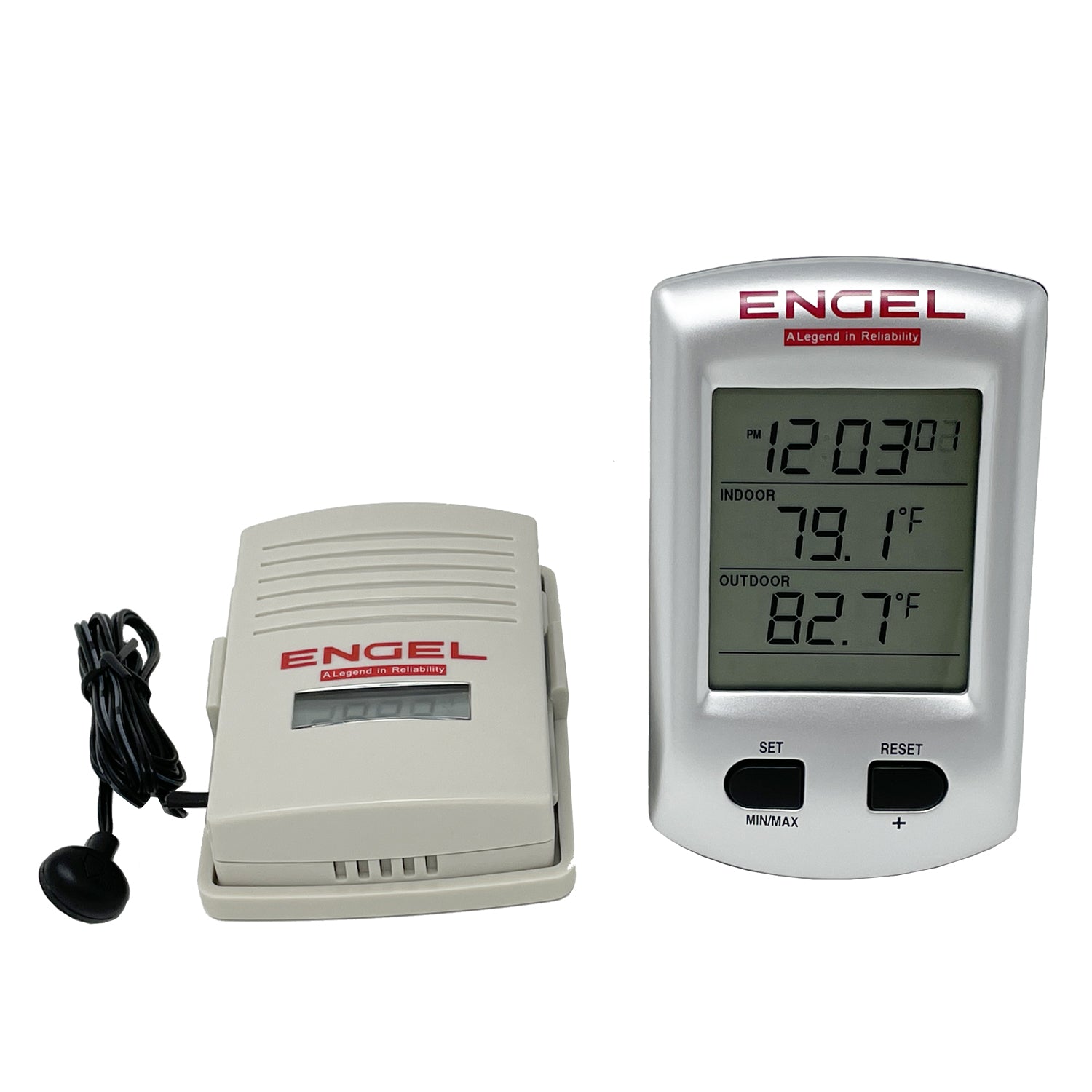 The Engel Coolers Wireless Digital Thermometer & Clock, equipped with a wireless thermometer for temperature accuracy, is next to a clock.