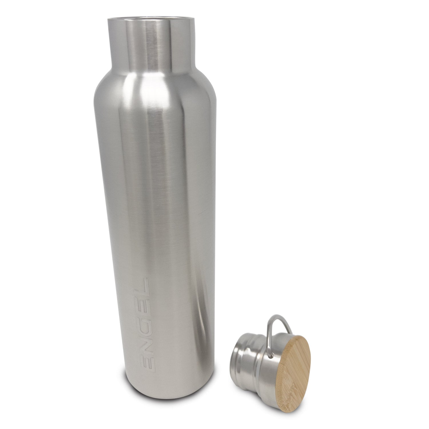 A Engel Coolers 25oz stainless steel vacuum-insulated water bottle with a wooden lid.