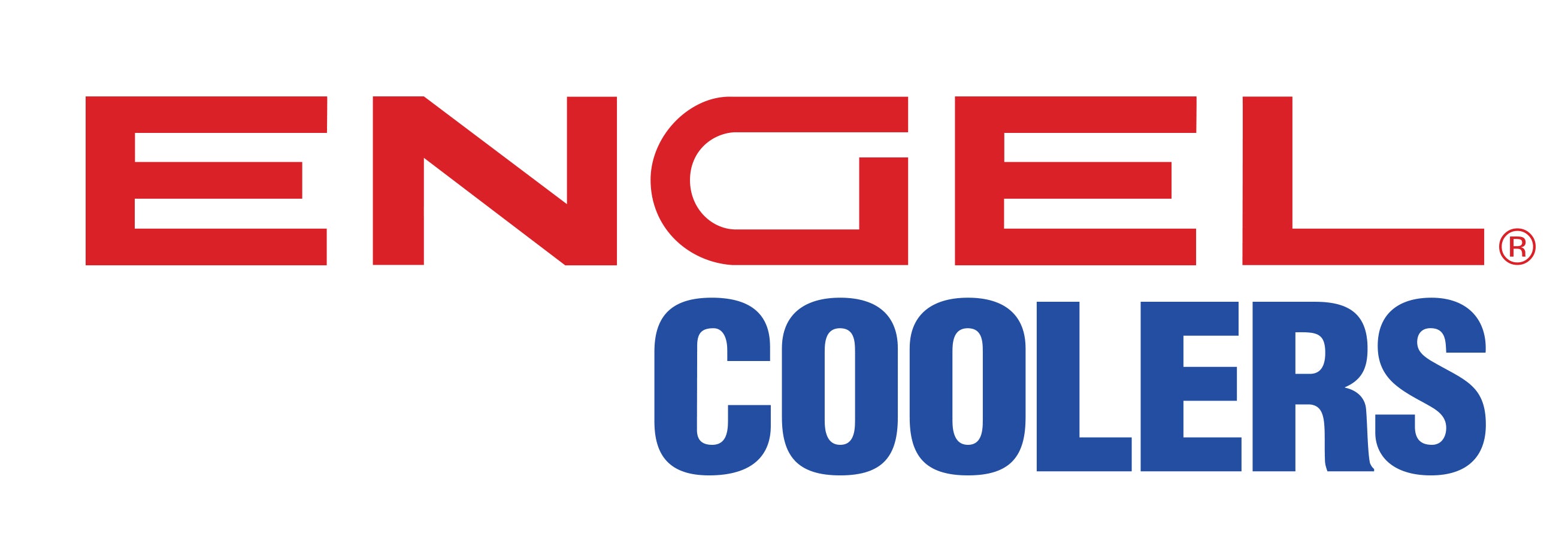 The image showcases the Engel Coolers logo featuring "ENGEL" in red text and "COOLERS" in blue text on a white background, presented as a removable decal called the 7.5" ENGEL COOLERS Window Decal in Black or Red and Blue.