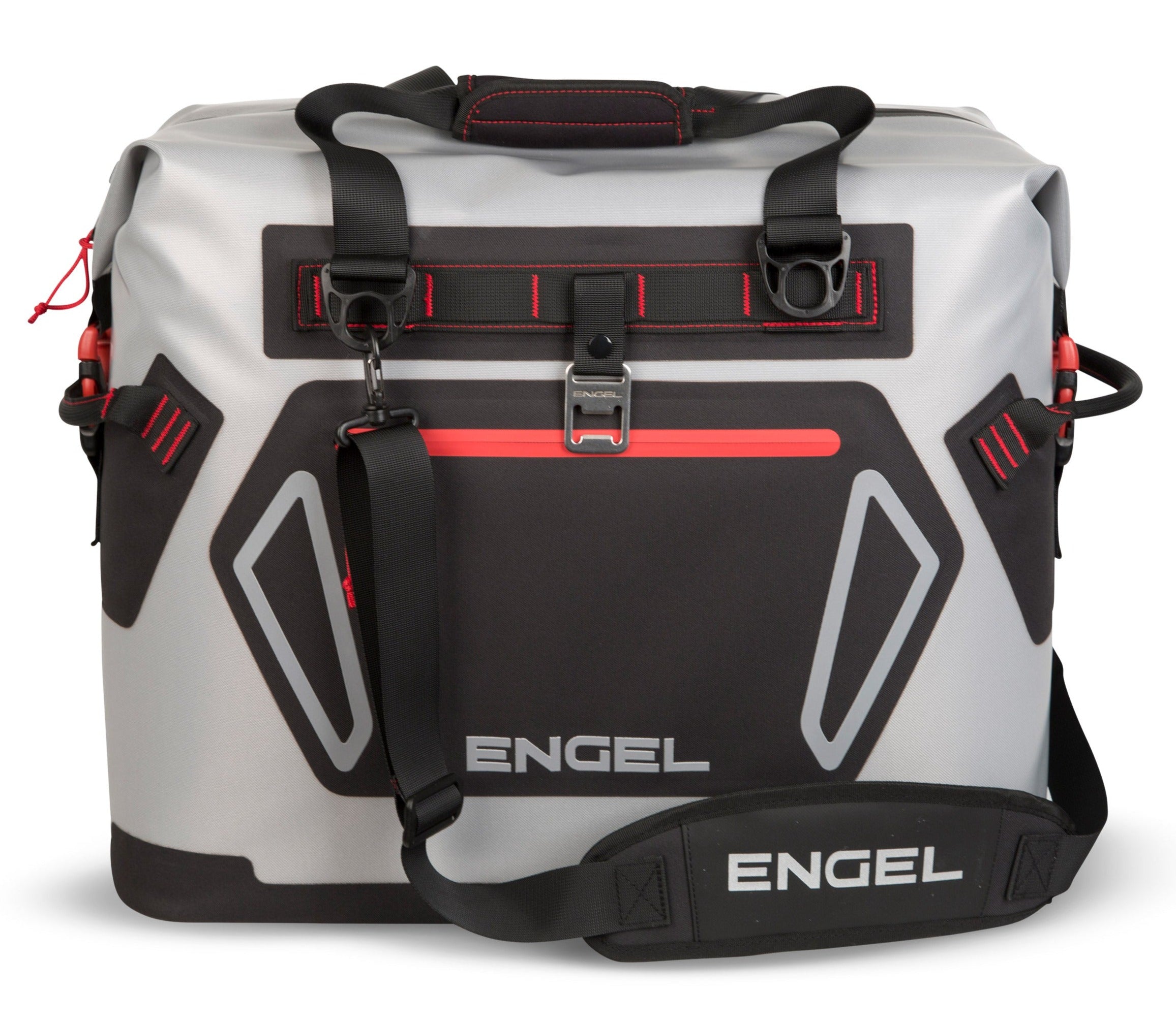 A grey and black Engel Coolers HD30 Heavy-Duty Soft Sided Cooler Bag with welded straps.