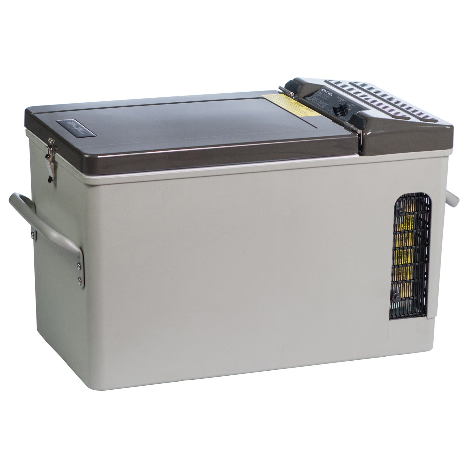 A grey Engel Coolers MT17 Top Opening 12/24V DC - 110/120V AC fridge-freezer with a black lid.