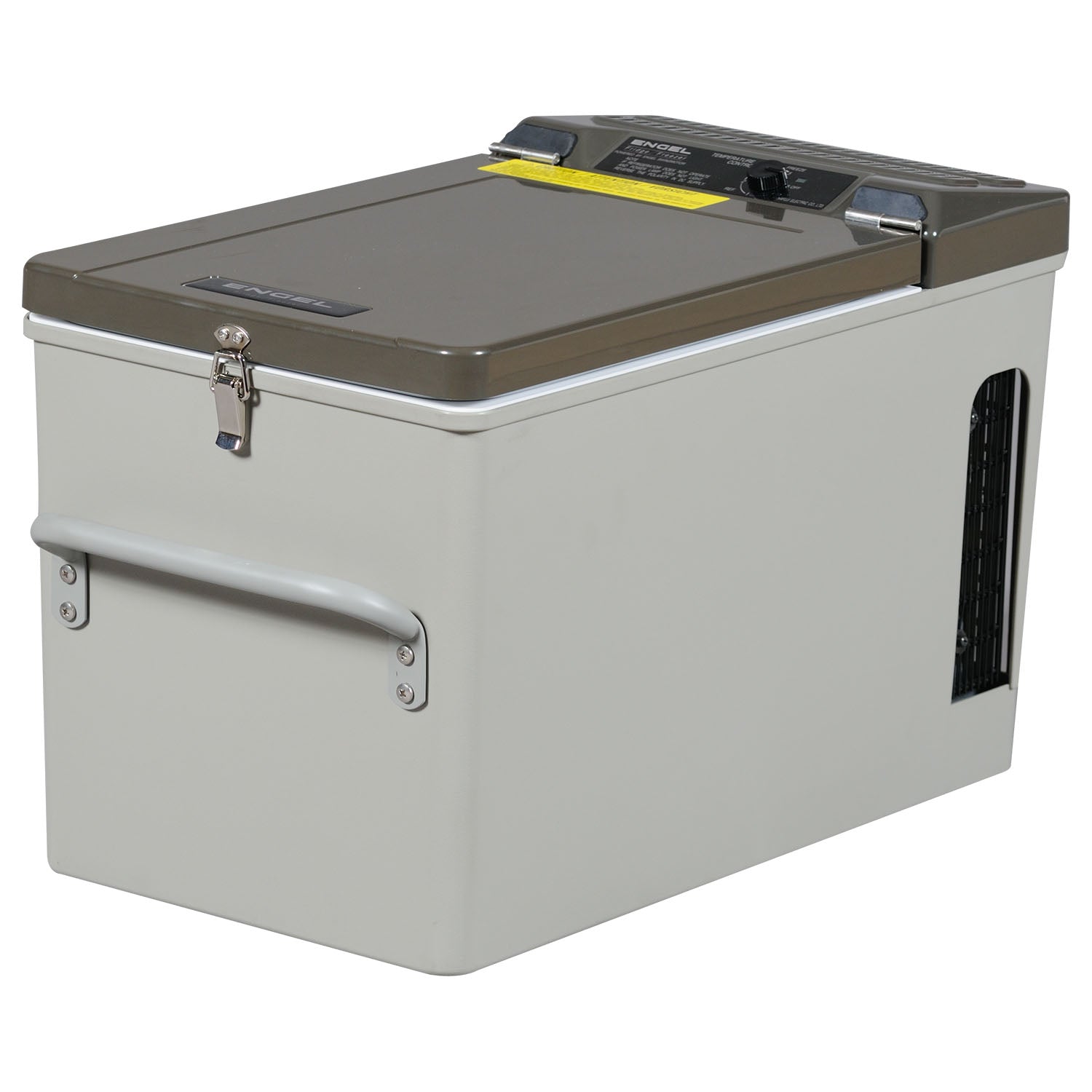 A grey Engel Coolers MT17 Top Opening 12/24V DC - 110/120V AC fridge-freezer box with a lid on it.