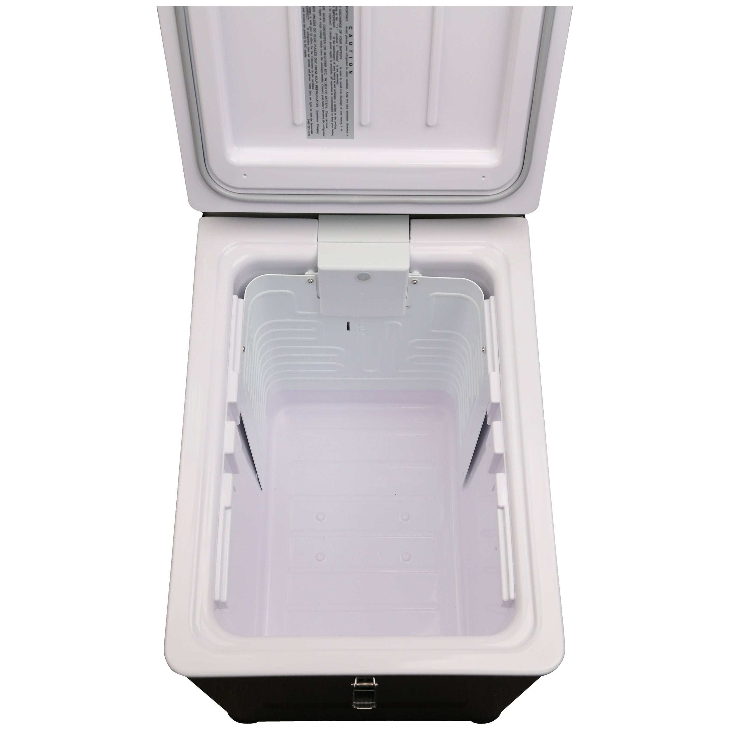 A small Engel Coolers MT45 Combination Platinum Series portable fridge-freezer with a lid open on a white background.